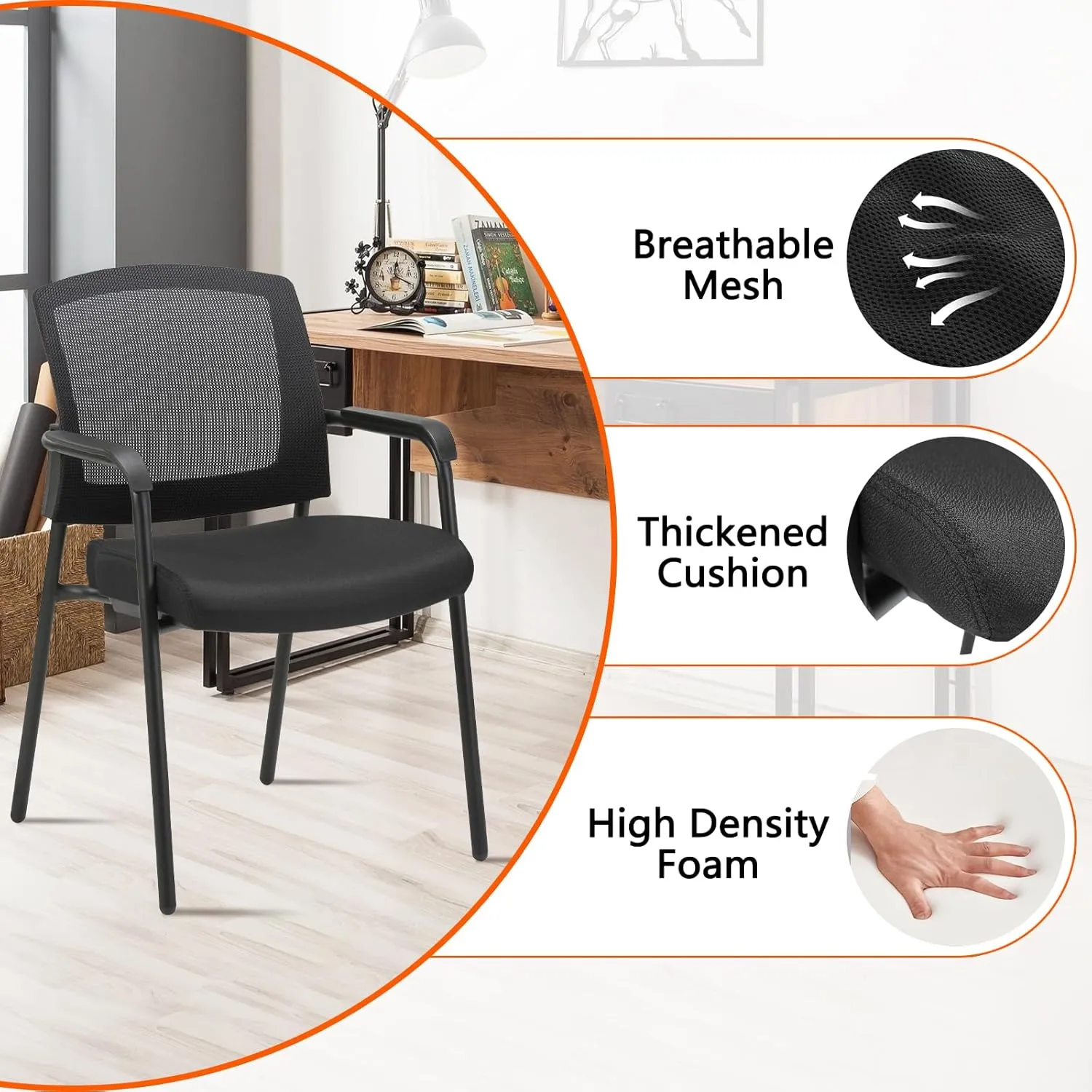 CLATINA Office Reception Guest Chair Mesh Back Stacking with Ergonomic Lumbar Support and Thickened Seat Cushion for Waiting Conference Room Black