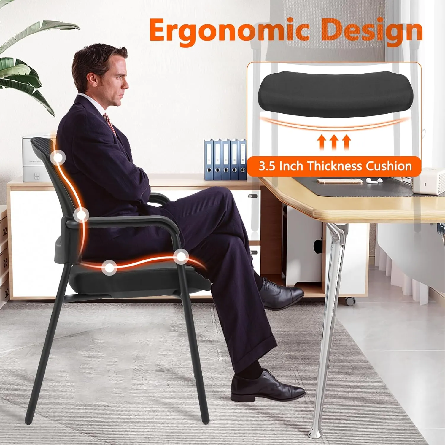 CLATINA Office Reception Guest Chair Mesh Back Stacking with Ergonomic Lumbar Support and Thickened Seat Cushion for Waiting Conference Room Black
