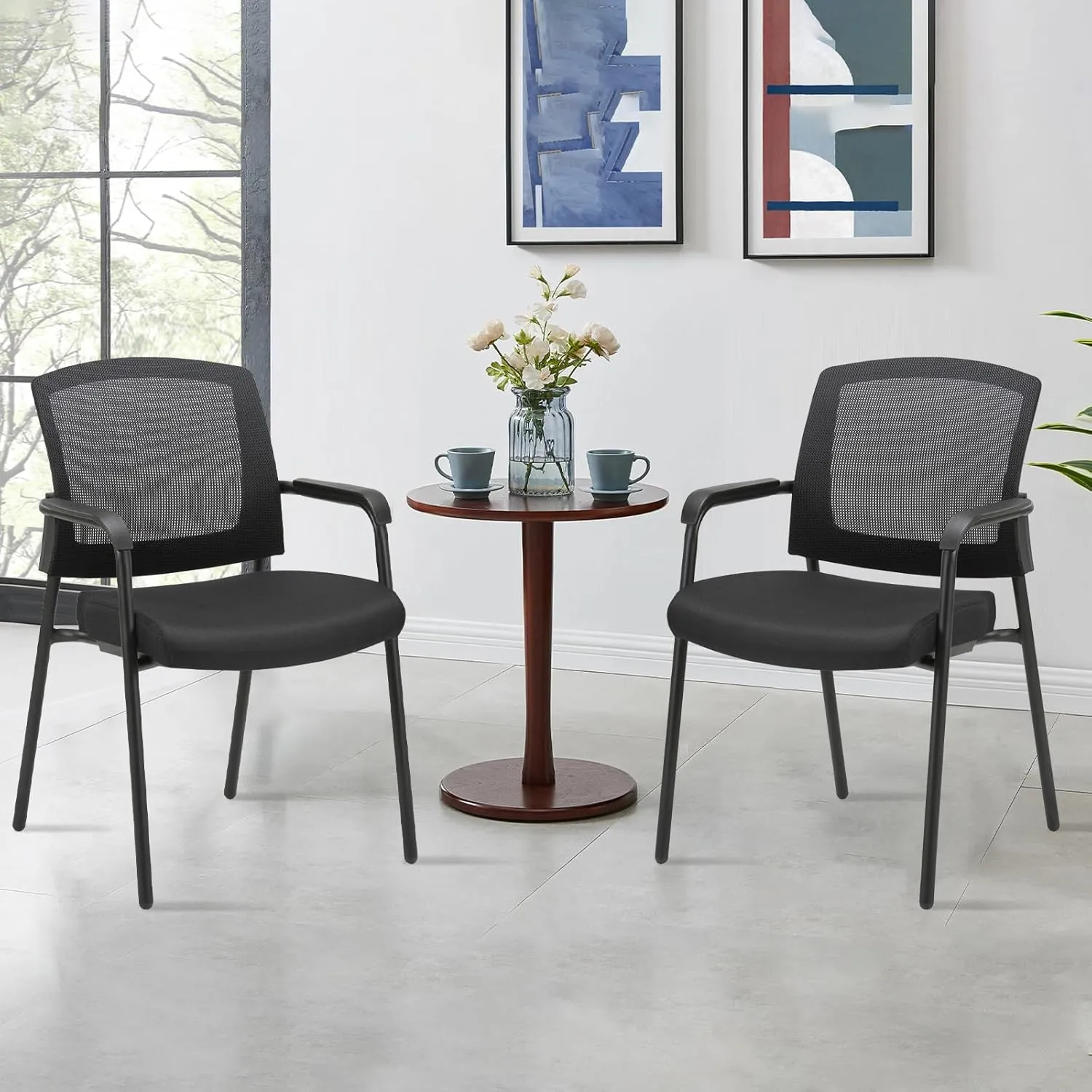 CLATINA Office Reception Guest Chair Mesh Back Stacking with Ergonomic Lumbar Support and Thickened Seat Cushion for Waiting Conference Room Black