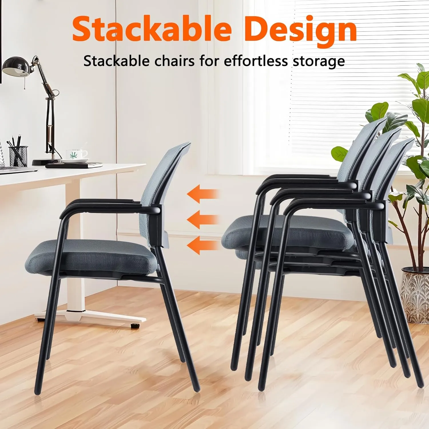 CLATINA Stacking Chairs, Stackable Waiting Room Chair No Wheels with Armrest and Lumber Support, Ergonomic Mesh Office Arm Chair Reception Guest Chairs for Home Conference Lobby Church School, Grey
