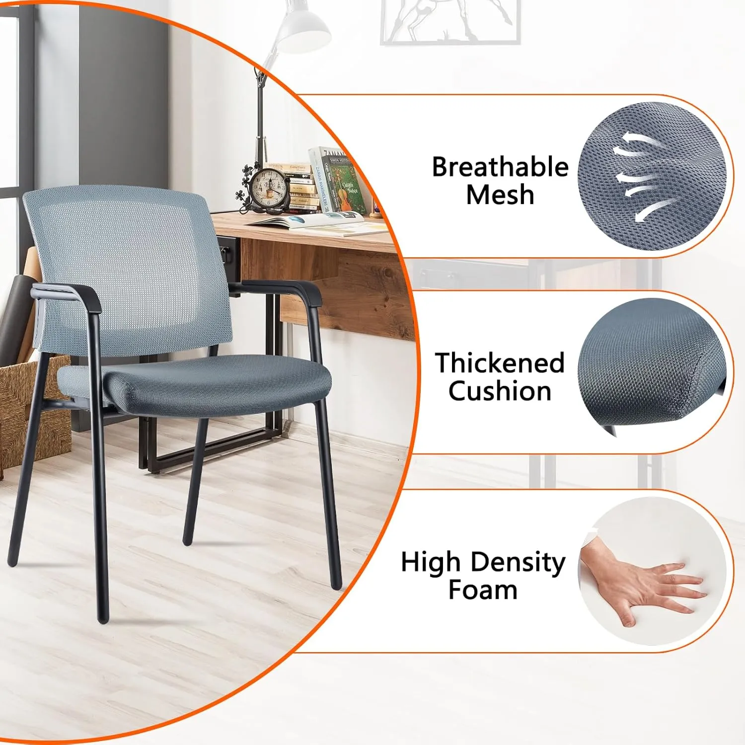 CLATINA Stacking Chairs, Stackable Waiting Room Chair No Wheels with Armrest and Lumber Support, Ergonomic Mesh Office Arm Chair Reception Guest Chairs for Home Conference Lobby Church School, Grey