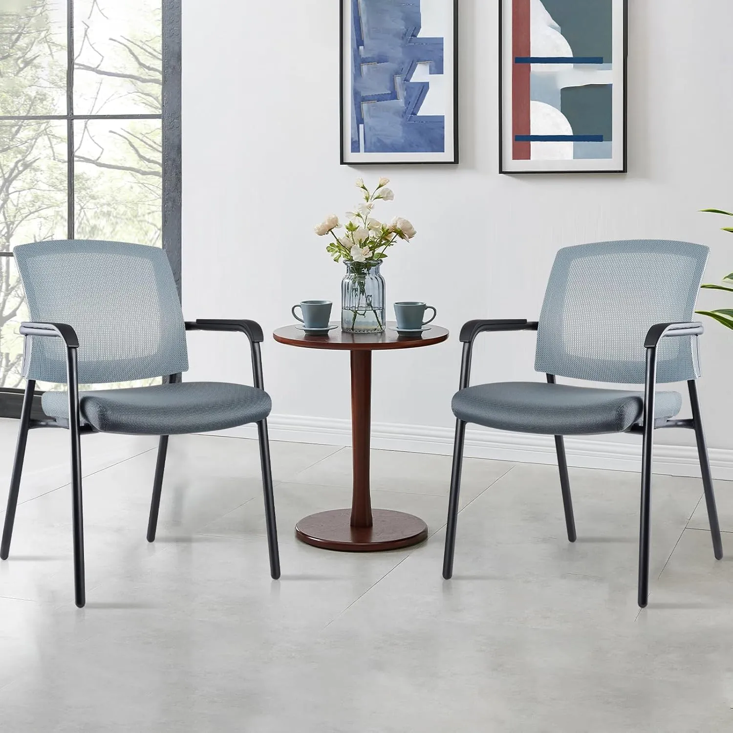 CLATINA Stacking Chairs, Stackable Waiting Room Chair No Wheels with Armrest and Lumber Support, Ergonomic Mesh Office Arm Chair Reception Guest Chairs for Home Conference Lobby Church School, Grey