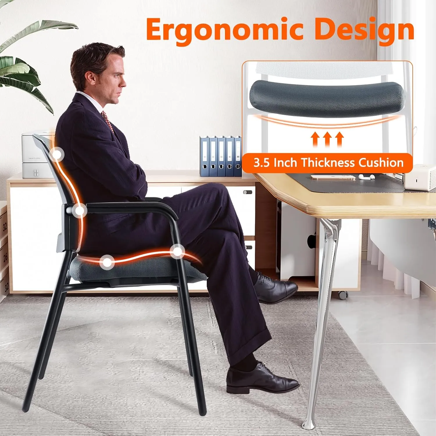 CLATINA Stacking Chairs, Stackable Waiting Room Chair No Wheels with Armrest and Lumber Support, Ergonomic Mesh Office Arm Chair Reception Guest Chairs for Home Conference Lobby Church School, Grey