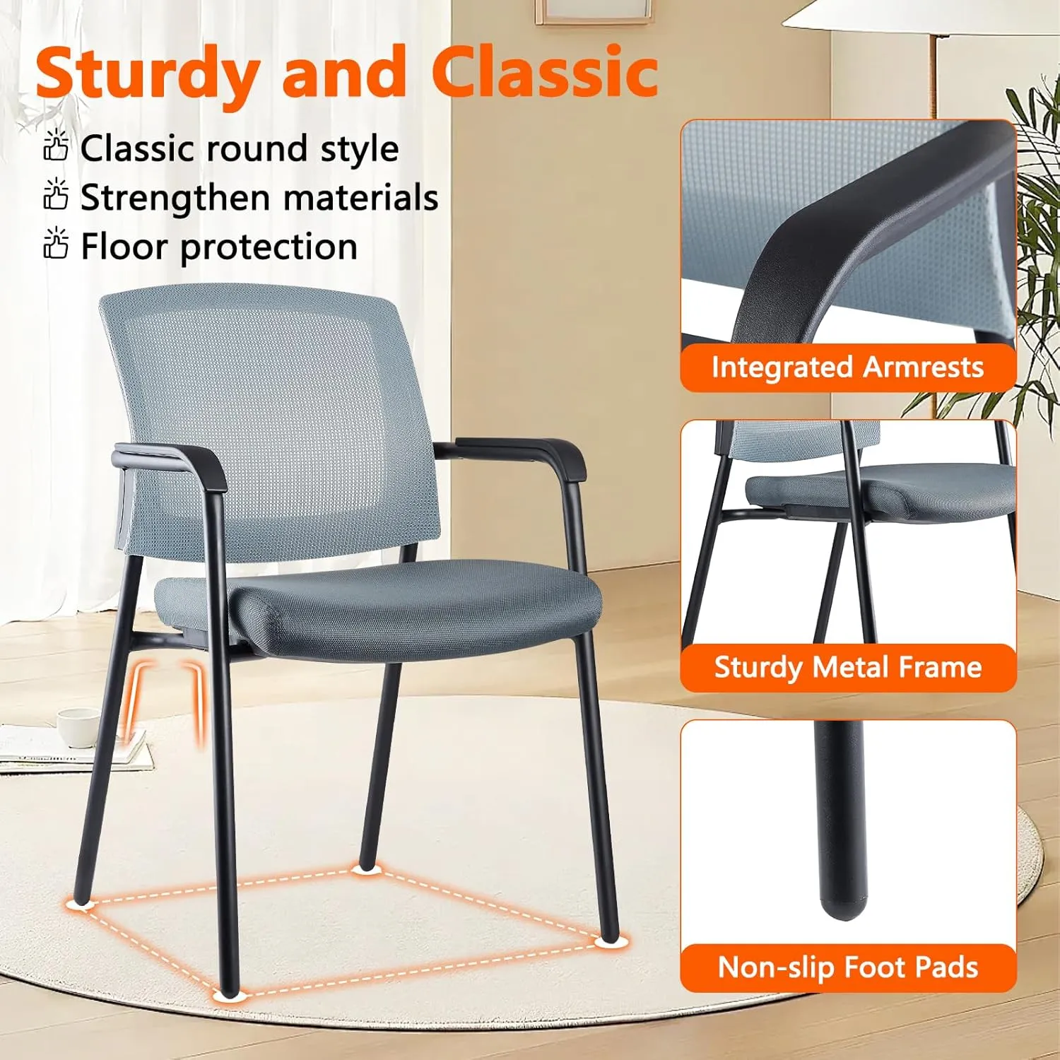 CLATINA Stacking Chairs, Stackable Waiting Room Chair No Wheels with Armrest and Lumber Support, Ergonomic Mesh Office Arm Chair Reception Guest Chairs for Home Conference Lobby Church School, Grey