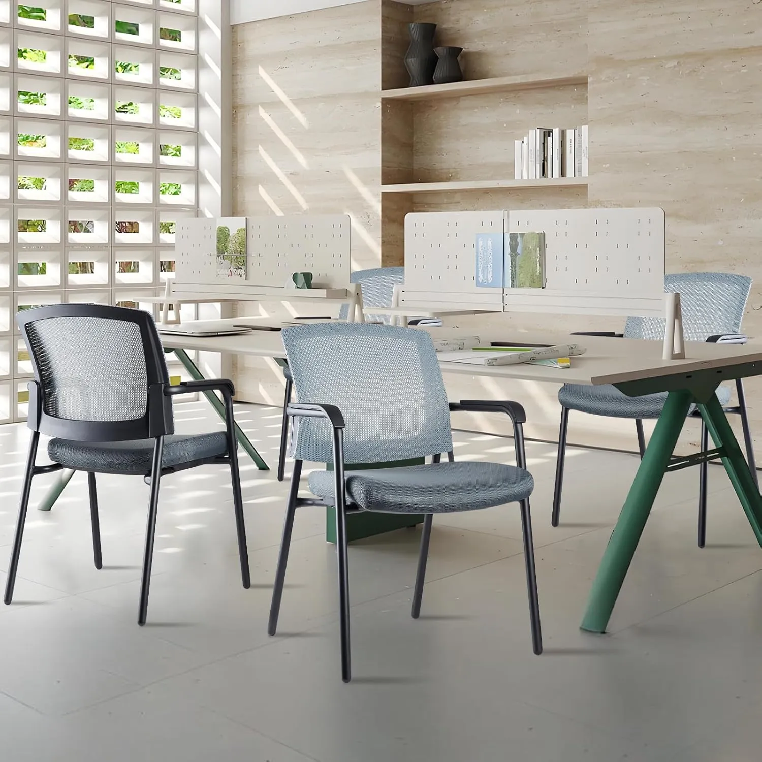 CLATINA Stacking Chairs, Stackable Waiting Room Chair No Wheels with Armrest and Lumber Support, Ergonomic Mesh Office Arm Chair Reception Guest Chairs for Home Conference Lobby Church School, Grey