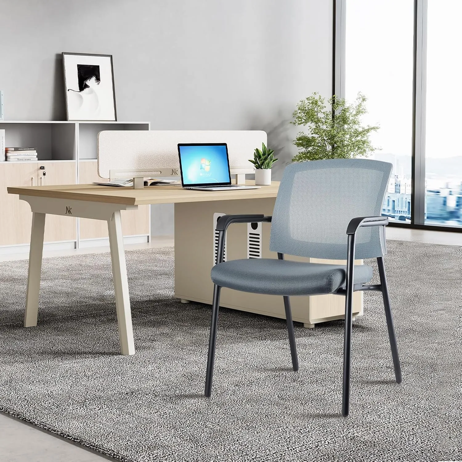 CLATINA Stacking Chairs, Stackable Waiting Room Chair No Wheels with Armrest and Lumber Support, Ergonomic Mesh Office Arm Chair Reception Guest Chairs for Home Conference Lobby Church School, Grey
