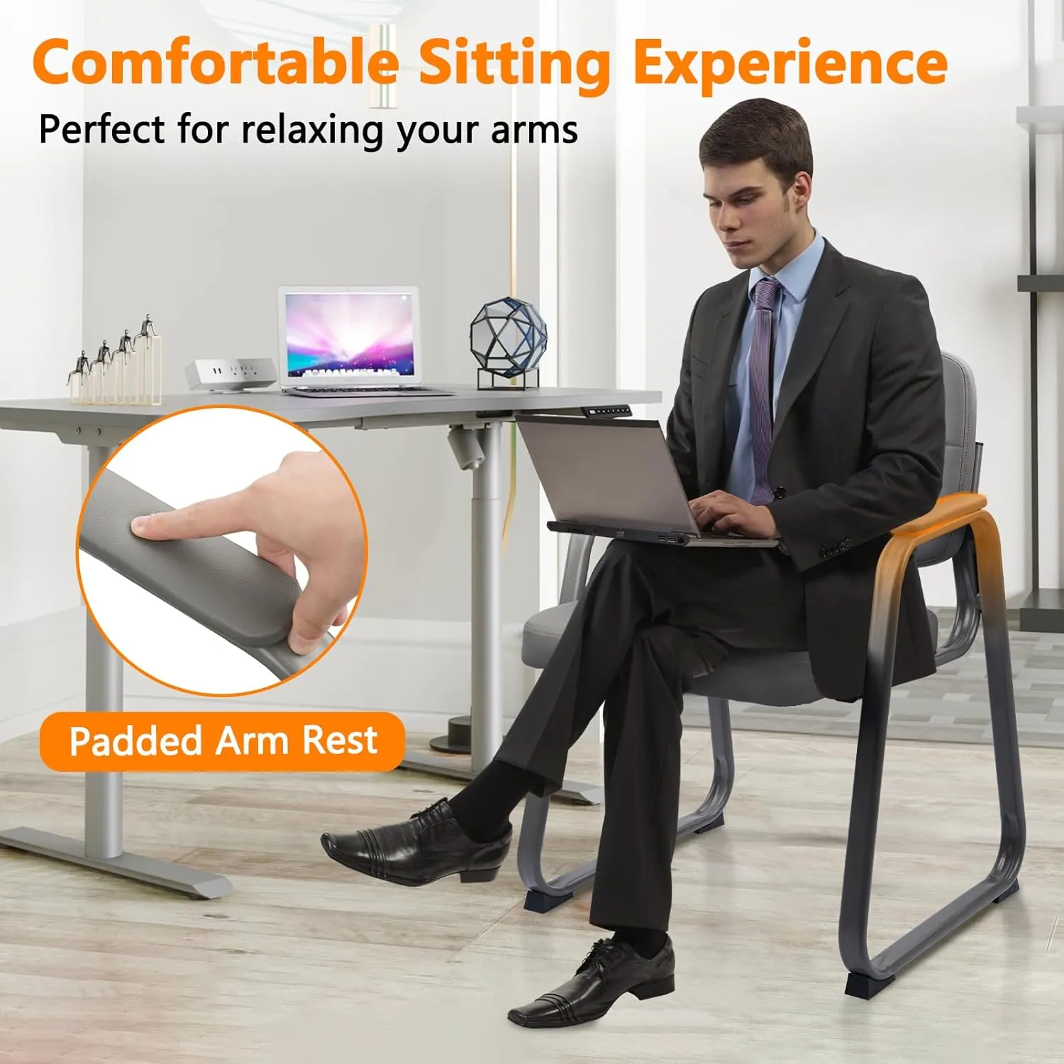 CLATINA Waiting Room Guest Chair with Bonded Leather Padded Arm Rest for Office Reception and Conference Desk Black with Sled Base Grey 4 Pack