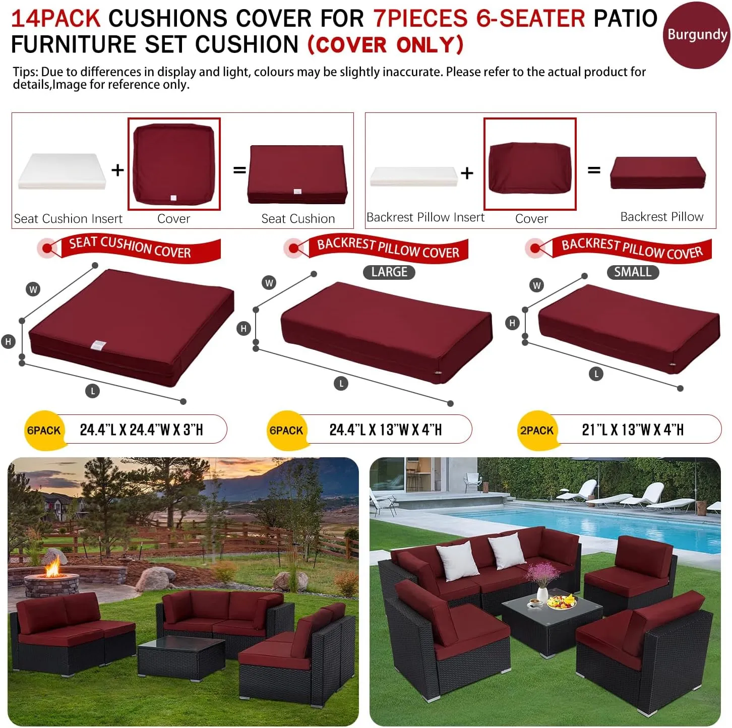 ClawsCover 14Pack Outdoor Patio Seat and Back Cushions Replacement Covers Fit for 7Pieces 6-Seater Wicker Rattan Sectional Couch Chair Furniture Set,Burgundy-Include Cover Only (Small)