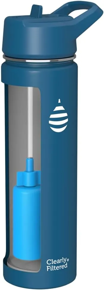 Clearly Filtered Water Bottle | Removes 220  Contaminants, Double-Wall Insulated Stainless Steel, BPA/BPS Free, Phthalate Free, Filters Flouride Lead Chlorine (20oz, Navy Blue)