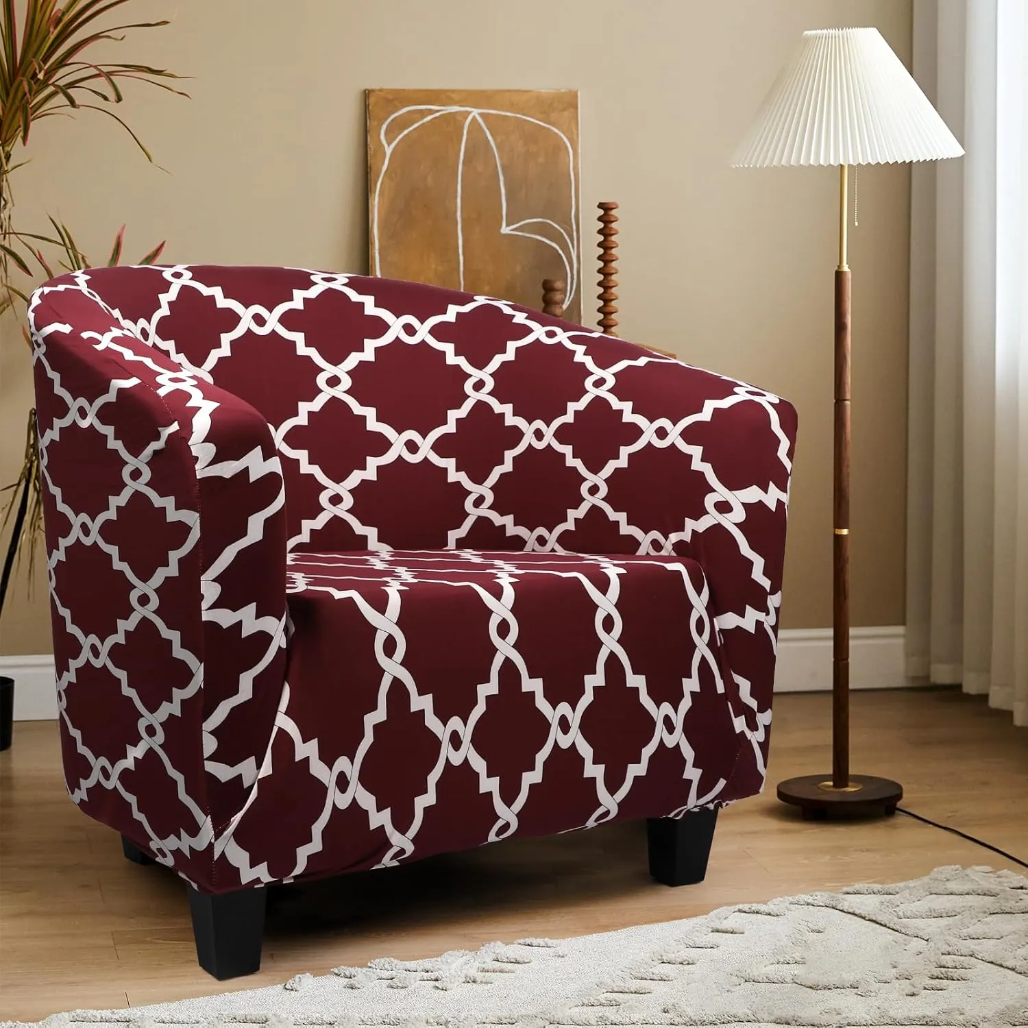 Club Chair Slipcover, 1 Piece Stretch Red/White Tub Barrel Chair Slipcovers, Round Chair Soft Sofa Cover Removable Couch Furniture Protector for Bar Living Room Bedroom Hotel Counter