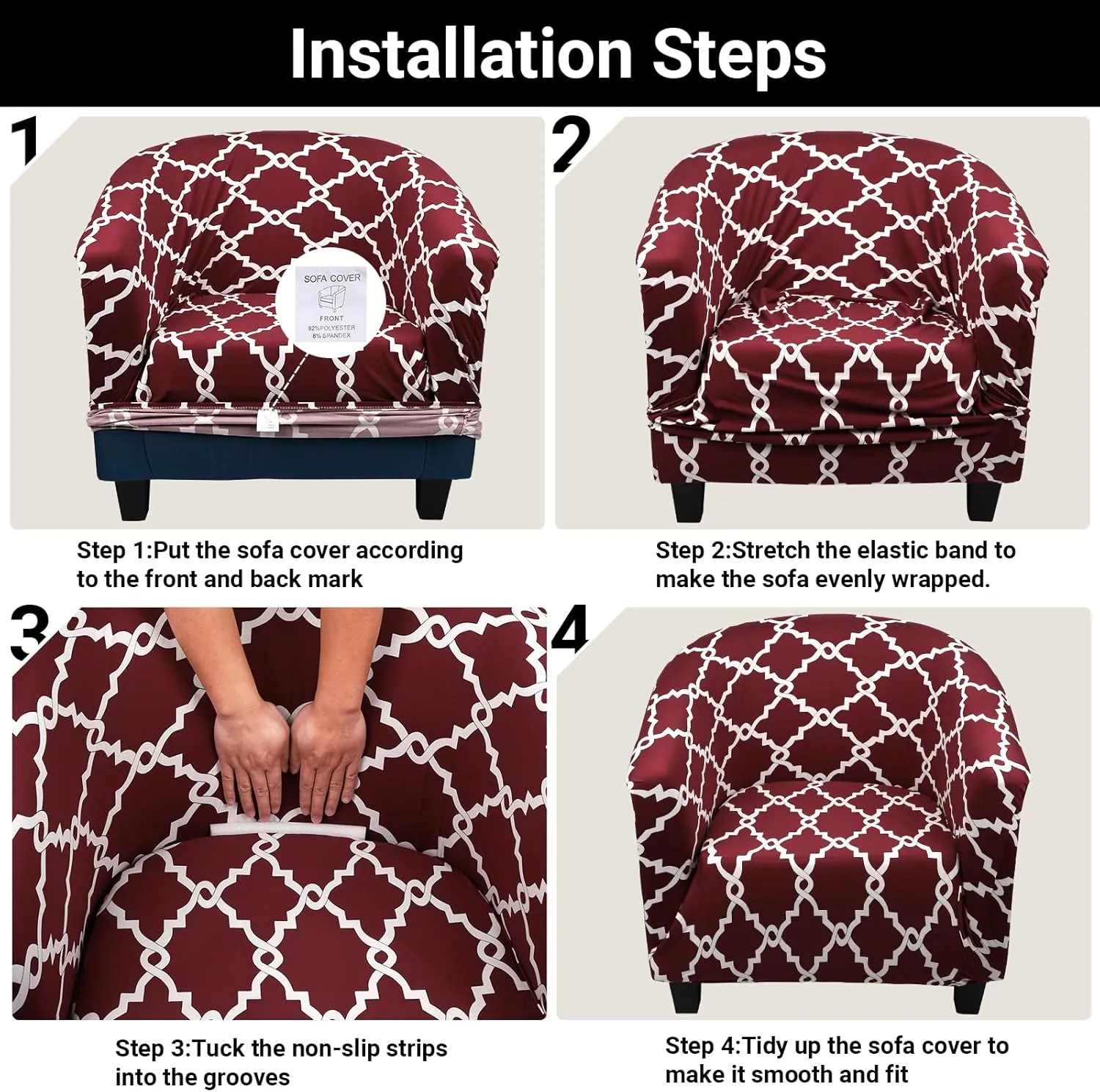 Club Chair Slipcover, 1 Piece Stretch Red/White Tub Barrel Chair Slipcovers, Round Chair Soft Sofa Cover Removable Couch Furniture Protector for Bar Living Room Bedroom Hotel Counter