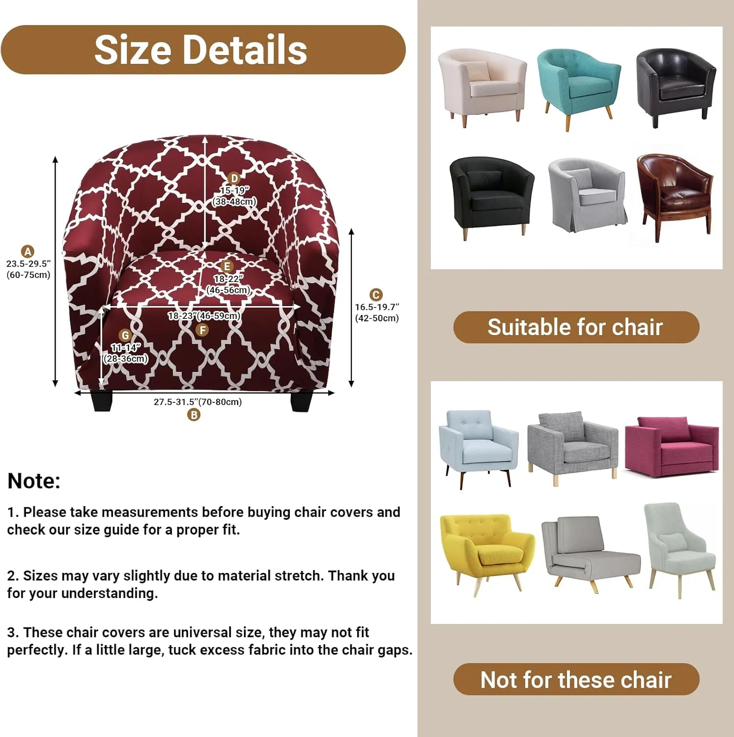Club Chair Slipcover, 1 Piece Stretch Red/White Tub Barrel Chair Slipcovers, Round Chair Soft Sofa Cover Removable Couch Furniture Protector for Bar Living Room Bedroom Hotel Counter