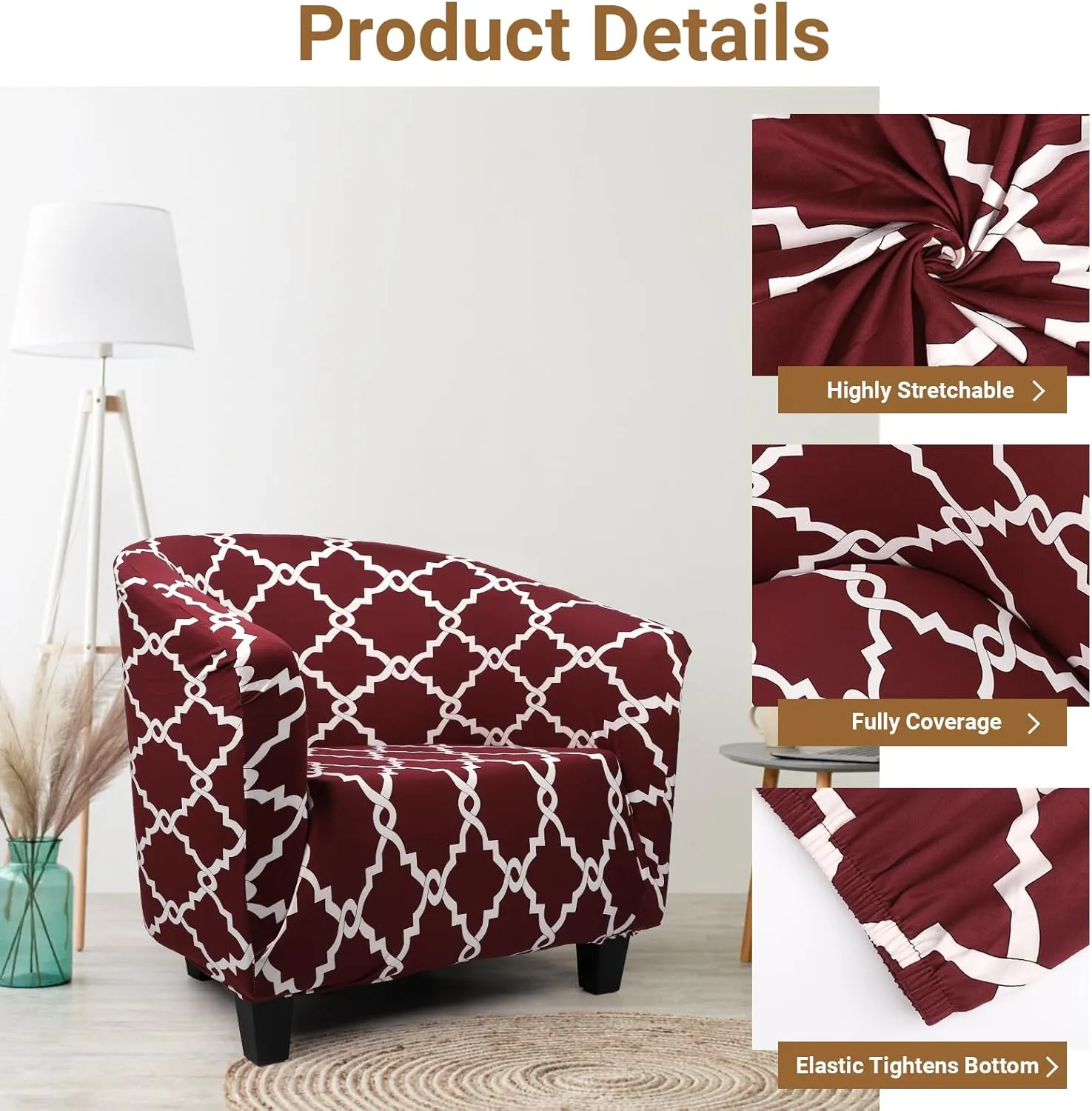 Club Chair Slipcover, 1 Piece Stretch Red/White Tub Barrel Chair Slipcovers, Round Chair Soft Sofa Cover Removable Couch Furniture Protector for Bar Living Room Bedroom Hotel Counter
