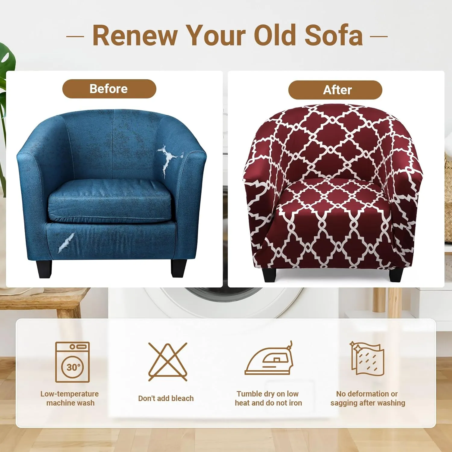Club Chair Slipcover, 1 Piece Stretch Red/White Tub Barrel Chair Slipcovers, Round Chair Soft Sofa Cover Removable Couch Furniture Protector for Bar Living Room Bedroom Hotel Counter