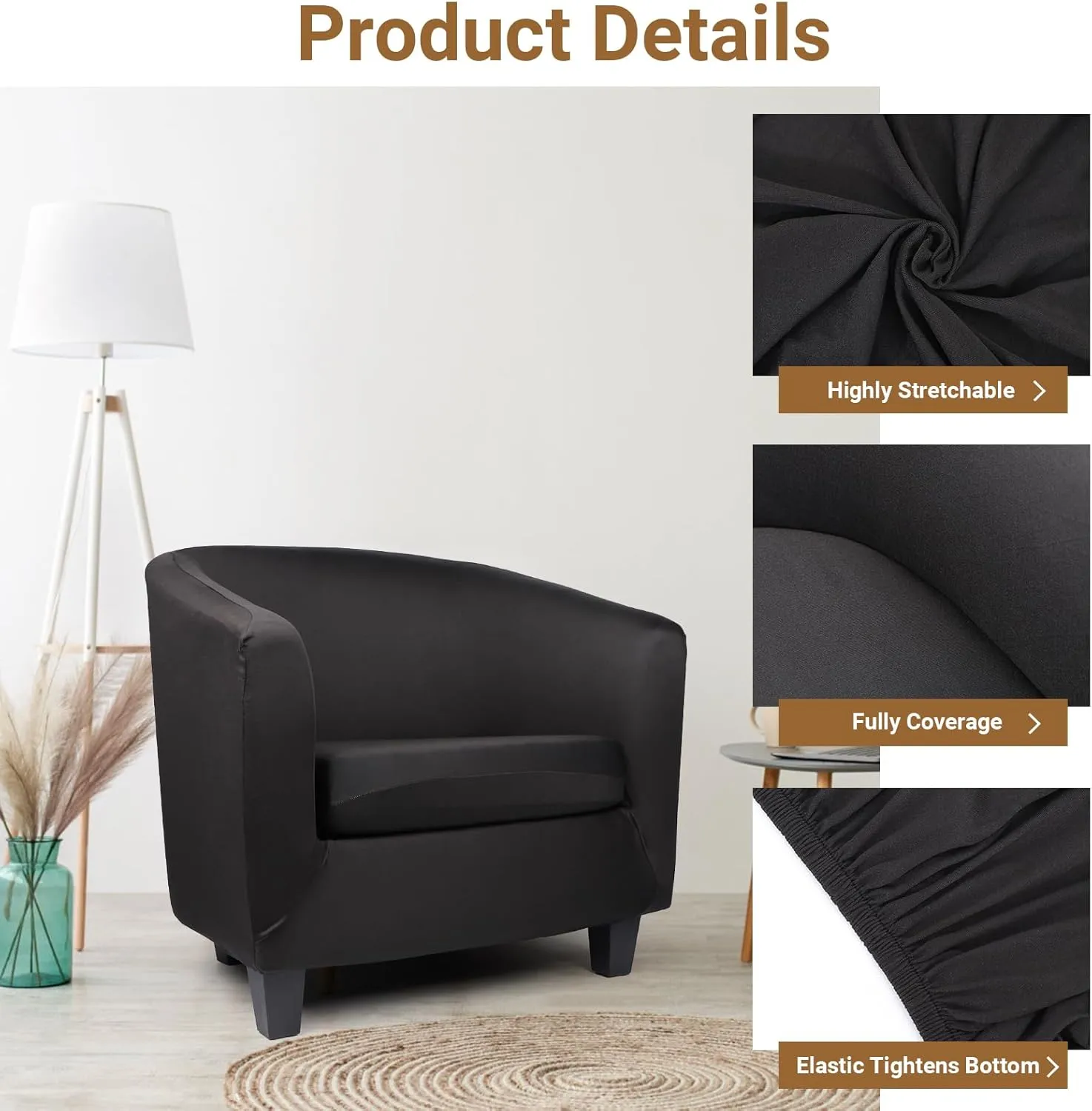 Club Chair Slipcover, Stretch Black Tub Barrel Chair Covers Slipcovers 2 Piece with Cushion Cover, Round Soft Armchair Sofa Cover Couch Chair Protector for Bar Living Room Bedroom Hotel