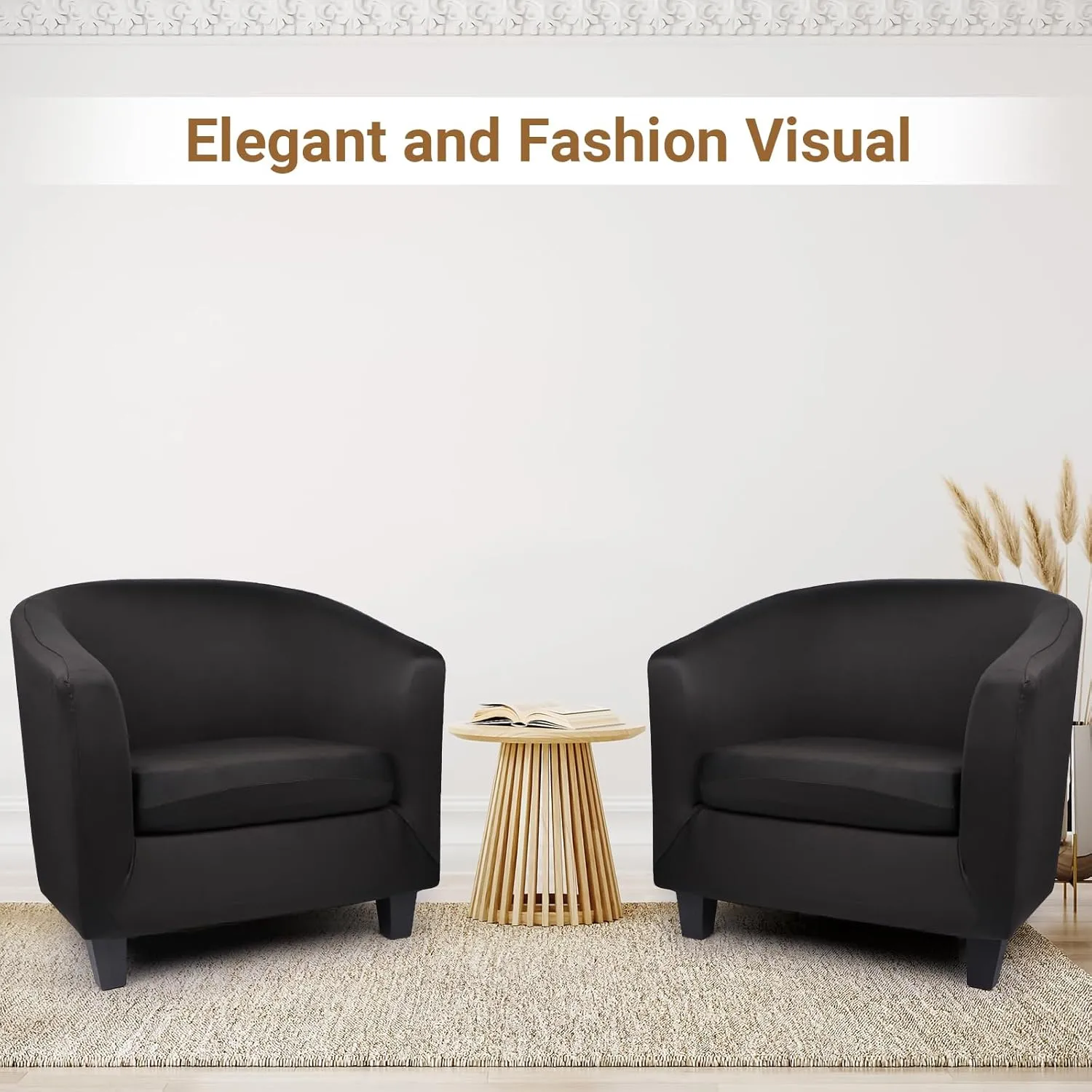 Club Chair Slipcover, Stretch Black Tub Barrel Chair Covers Slipcovers 2 Piece with Cushion Cover, Round Soft Armchair Sofa Cover Couch Chair Protector for Bar Living Room Bedroom Hotel