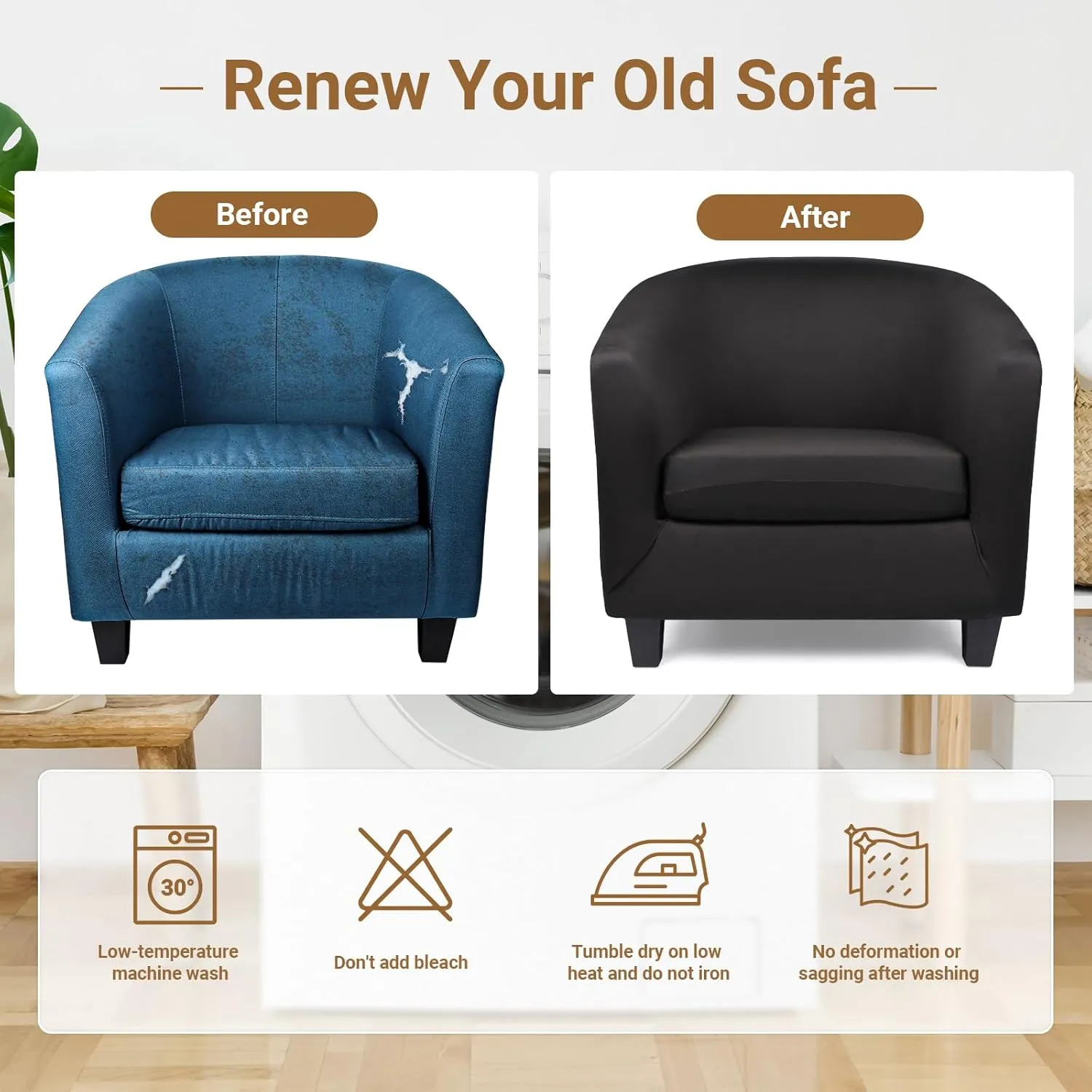 Club Chair Slipcover, Stretch Black Tub Barrel Chair Covers Slipcovers 2 Piece with Cushion Cover, Round Soft Armchair Sofa Cover Couch Chair Protector for Bar Living Room Bedroom Hotel