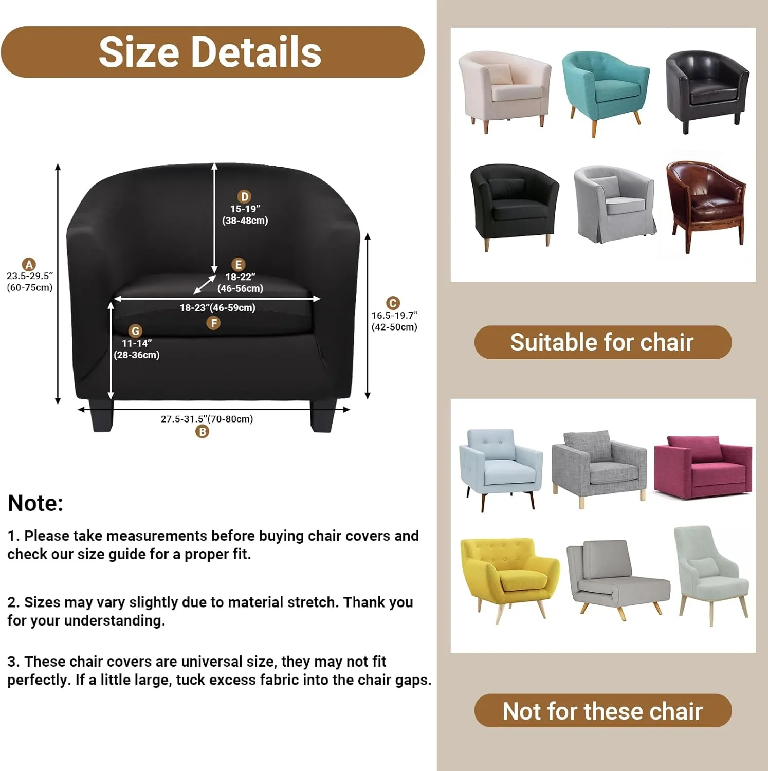 Club Chair Slipcover, Stretch Black Tub Barrel Chair Covers Slipcovers 2 Piece with Cushion Cover, Round Soft Armchair Sofa Cover Couch Chair Protector for Bar Living Room Bedroom Hotel