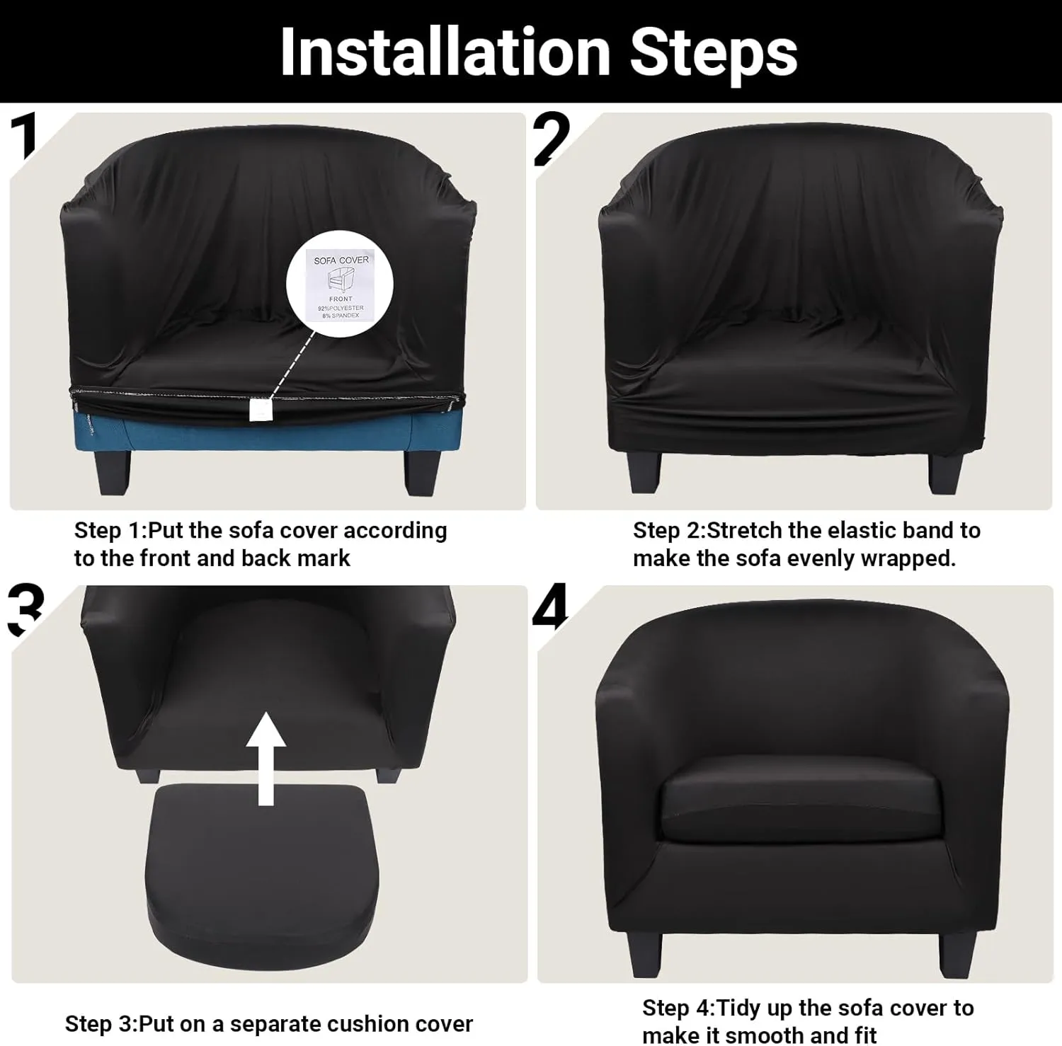 Club Chair Slipcover, Stretch Black Tub Barrel Chair Covers Slipcovers 2 Piece with Cushion Cover, Round Soft Armchair Sofa Cover Couch Chair Protector for Bar Living Room Bedroom Hotel