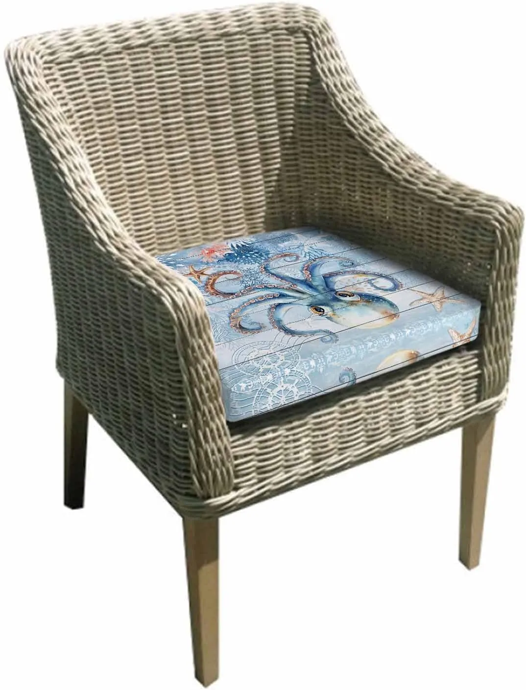 Coastal Octopus Outdoor Cushion Chair Cover Set of 2 - Waterproof Couch Seat Covers, Nautical Sea Starfish Coral Wooden Grain Patio Furniture Protector Cushions Slipcovers for Sofa/RV, 20"x18"x4"
