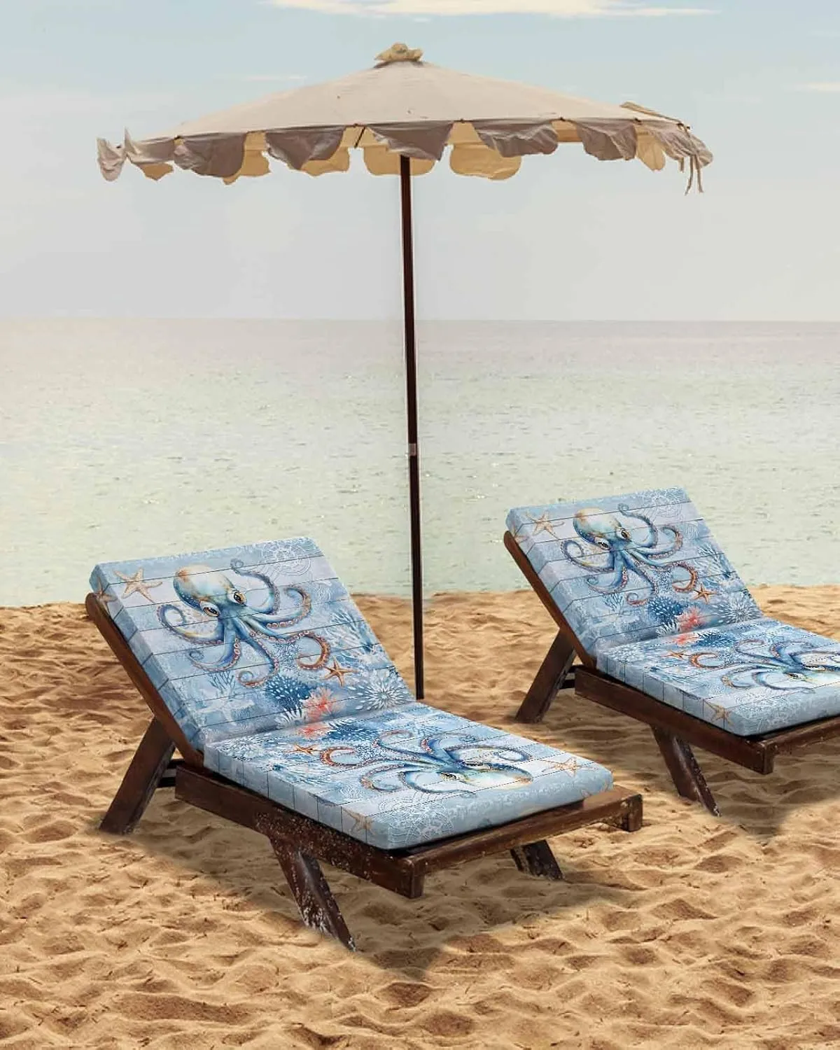 Coastal Octopus Outdoor Cushion Chair Cover Set of 2 - Waterproof Couch Seat Covers, Nautical Sea Starfish Coral Wooden Grain Patio Furniture Protector Cushions Slipcovers for Sofa/RV, 20"x18"x4"