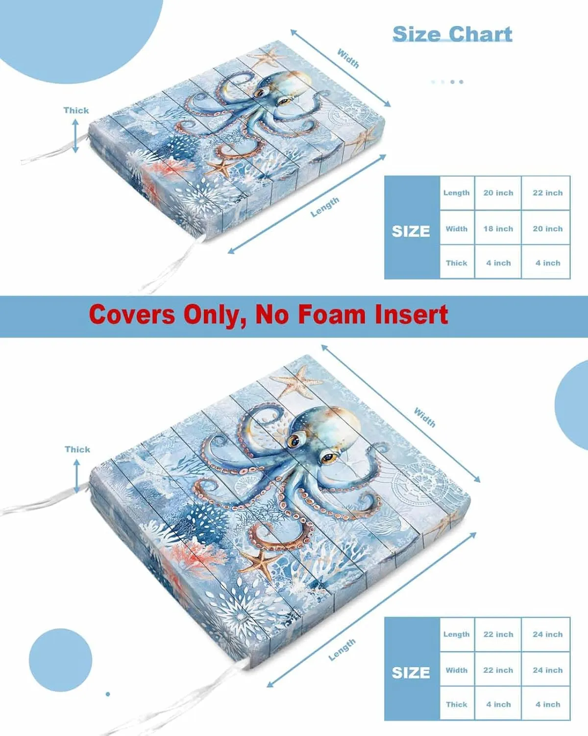 Coastal Octopus Outdoor Cushion Chair Cover Set of 2 - Waterproof Couch Seat Covers, Nautical Sea Starfish Coral Wooden Grain Patio Furniture Protector Cushions Slipcovers for Sofa/RV, 20"x18"x4"