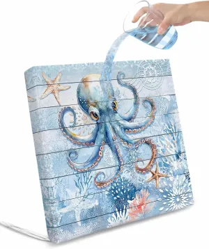 Coastal Octopus Outdoor Cushion Chair Cover Set of 2 - Waterproof Couch Seat Covers, Nautical Sea Starfish Coral Wooden Grain Patio Furniture Protector Cushions Slipcovers for Sofa/RV, 20"x18"x4"