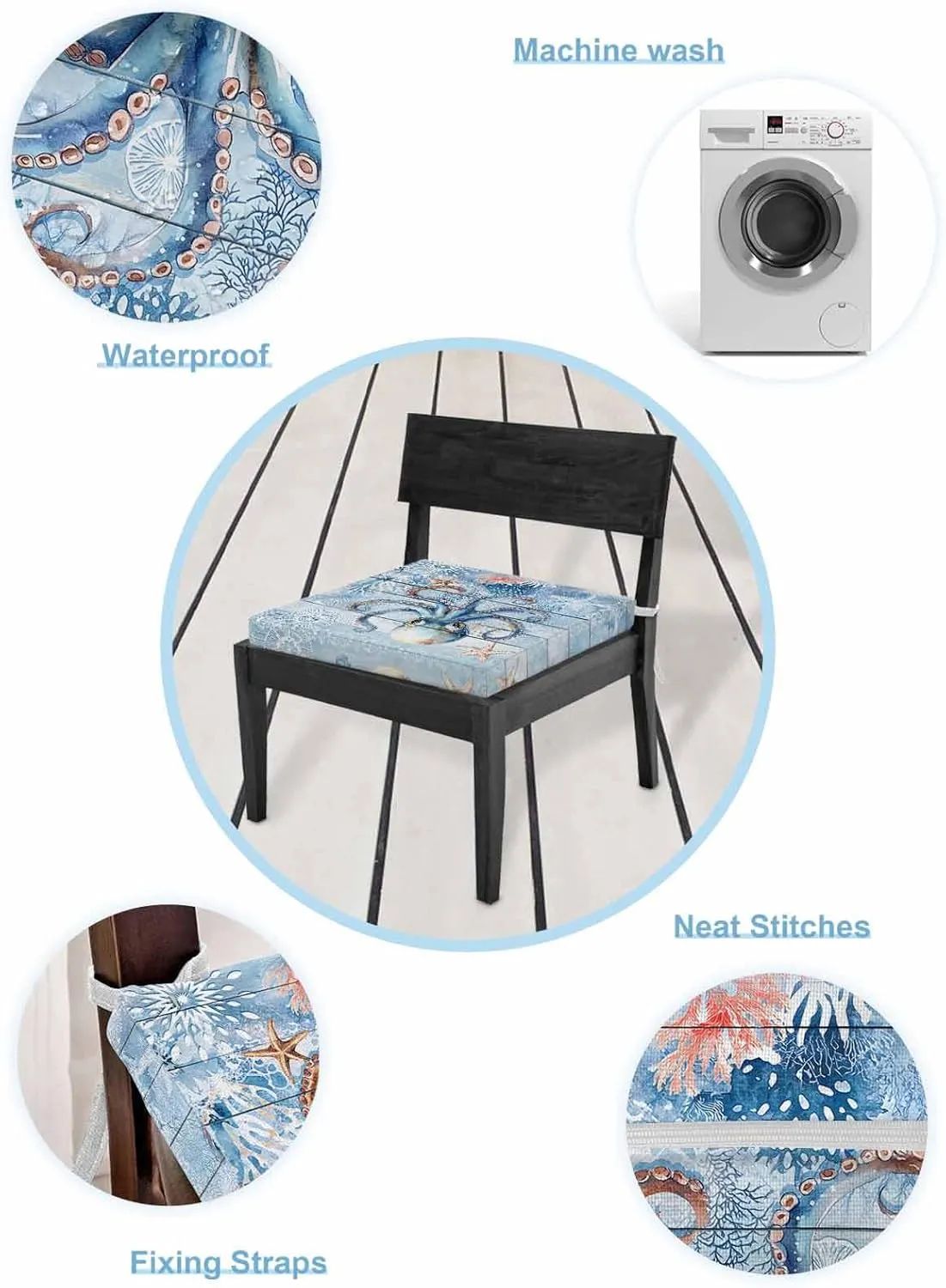 Coastal Octopus Outdoor Cushion Chair Cover Set of 2 - Waterproof Couch Seat Covers, Nautical Sea Starfish Coral Wooden Grain Patio Furniture Protector Cushions Slipcovers for Sofa/RV, 20"x18"x4"