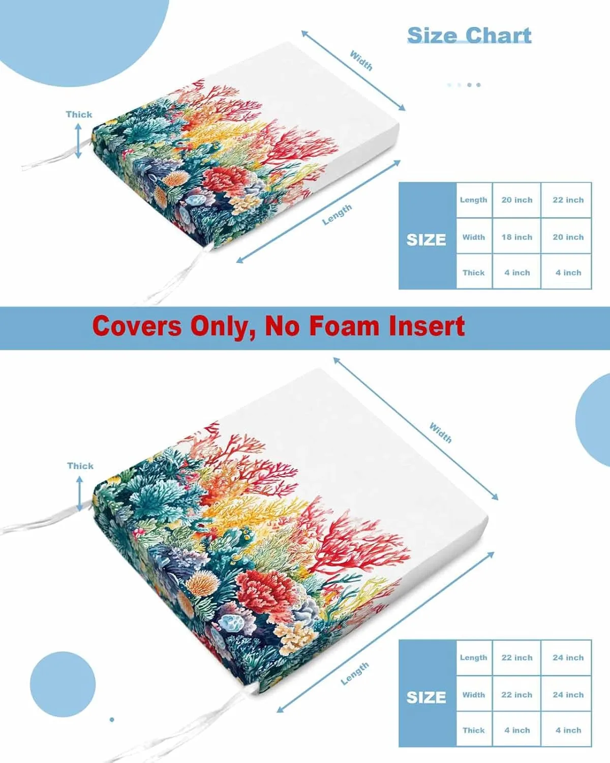 Coastal Outdoor Cushion Chair Cover Set of 2 - Waterproof Couch Seat Covers, Summer Beach Red Teal Coral Nautical Patio Furniture Protector Cushions Slipcovers for Sofa/RV, 22"x20"x4"