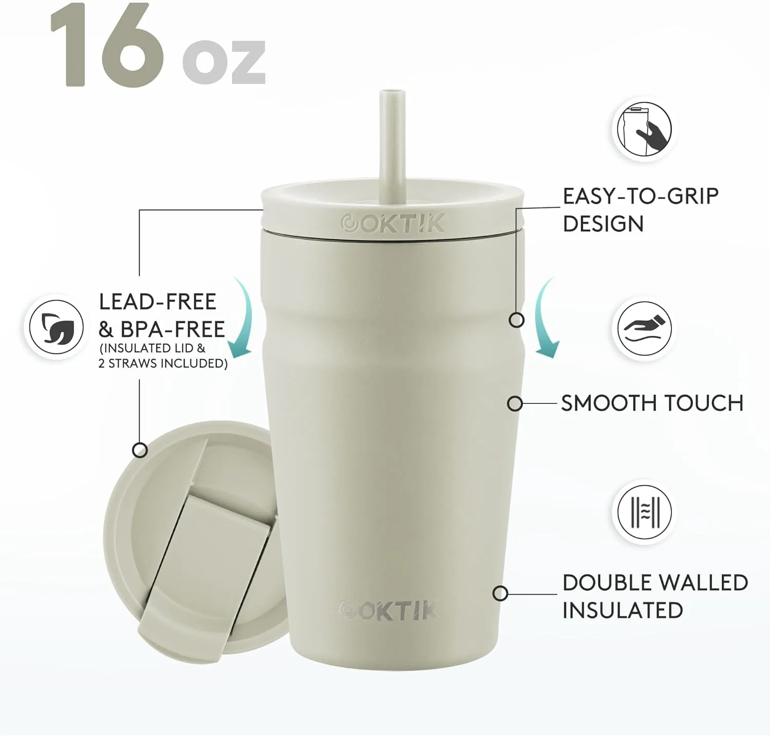 COKTIK 16oz Insulated Tumbler with Lid and Straw 2 Lids (Straw/Flip) Iced Coffee Cup Reusable Stainless Steel Travel Mug Water Bottle Cupholder Friendly for Women Men Her Him (Almond Birch)