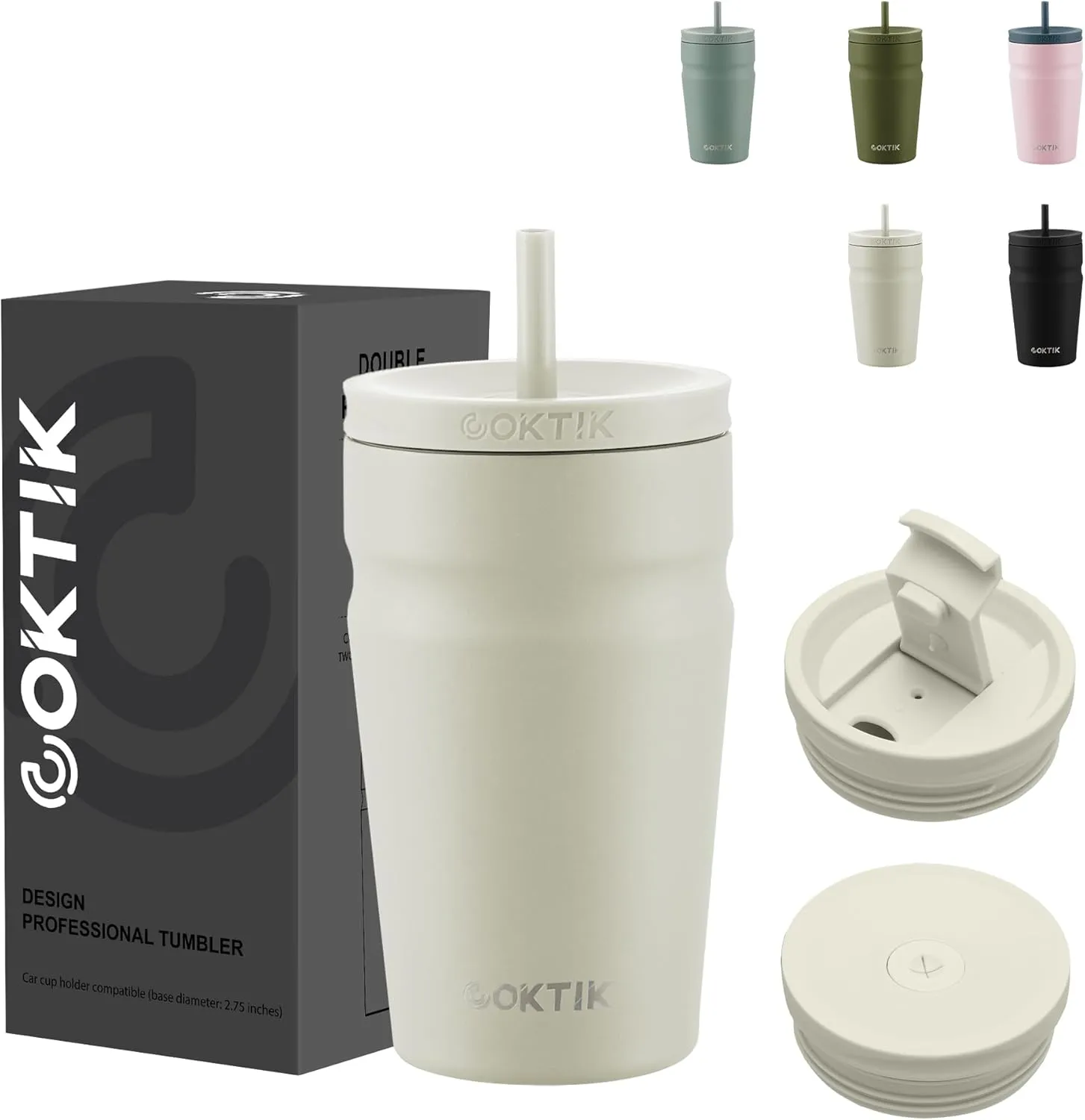 COKTIK 16oz Insulated Tumbler with Lid and Straw 2 Lids (Straw/Flip) Iced Coffee Cup Reusable Stainless Steel Travel Mug Water Bottle Cupholder Friendly for Women Men Her Him (Almond Birch)