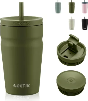 COKTIK 16oz Insulated Tumbler with Lid and Straw 2 Lids (Straw/Flip) Iced Coffee Cup Reusable Stainless Steel Travel Mug Water Bottle Cupholder Friendly for Women Men Her Him (Olive)