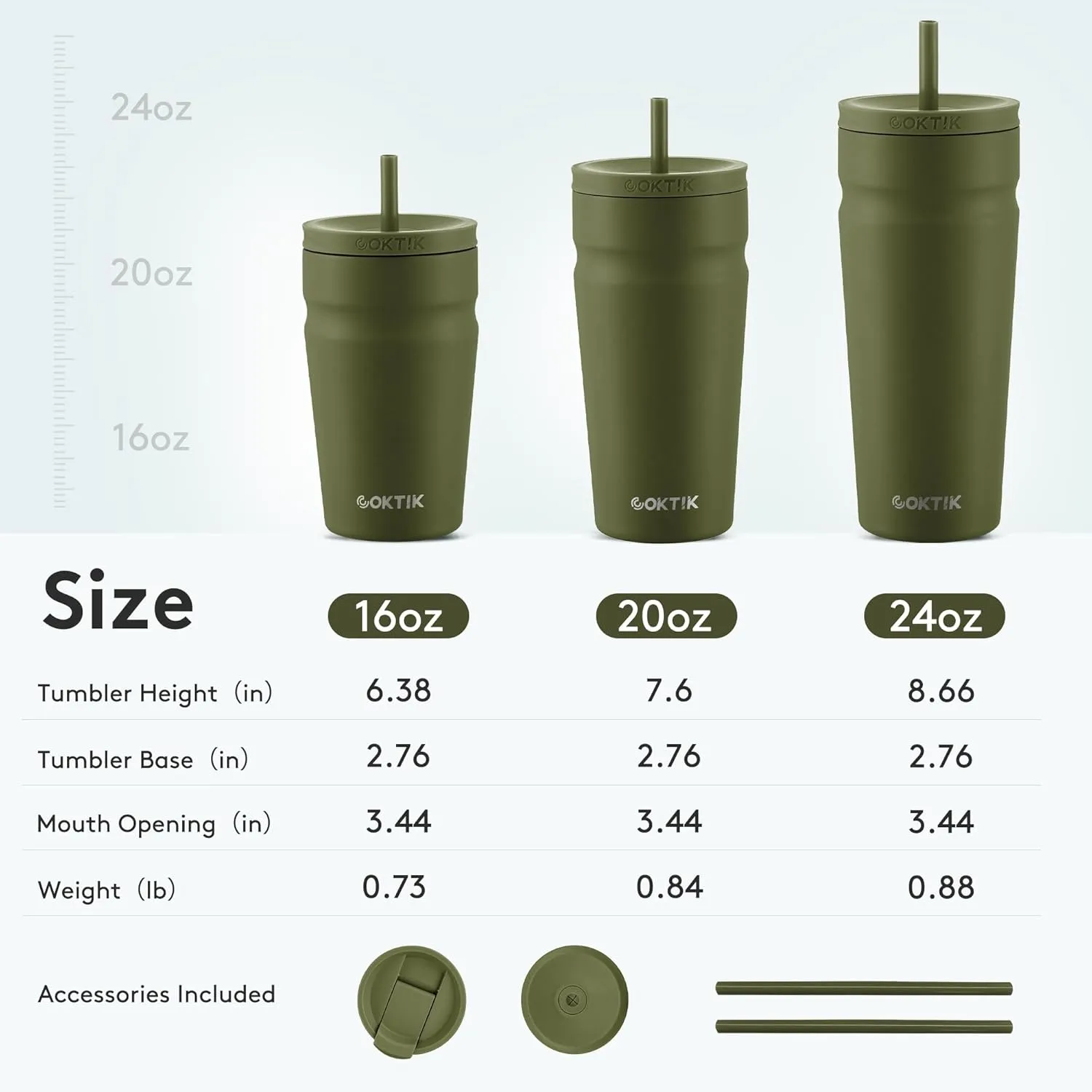 COKTIK 16oz Insulated Tumbler with Lid and Straw 2 Lids (Straw/Flip) Iced Coffee Cup Reusable Stainless Steel Travel Mug Water Bottle Cupholder Friendly for Women Men Her Him (Olive)
