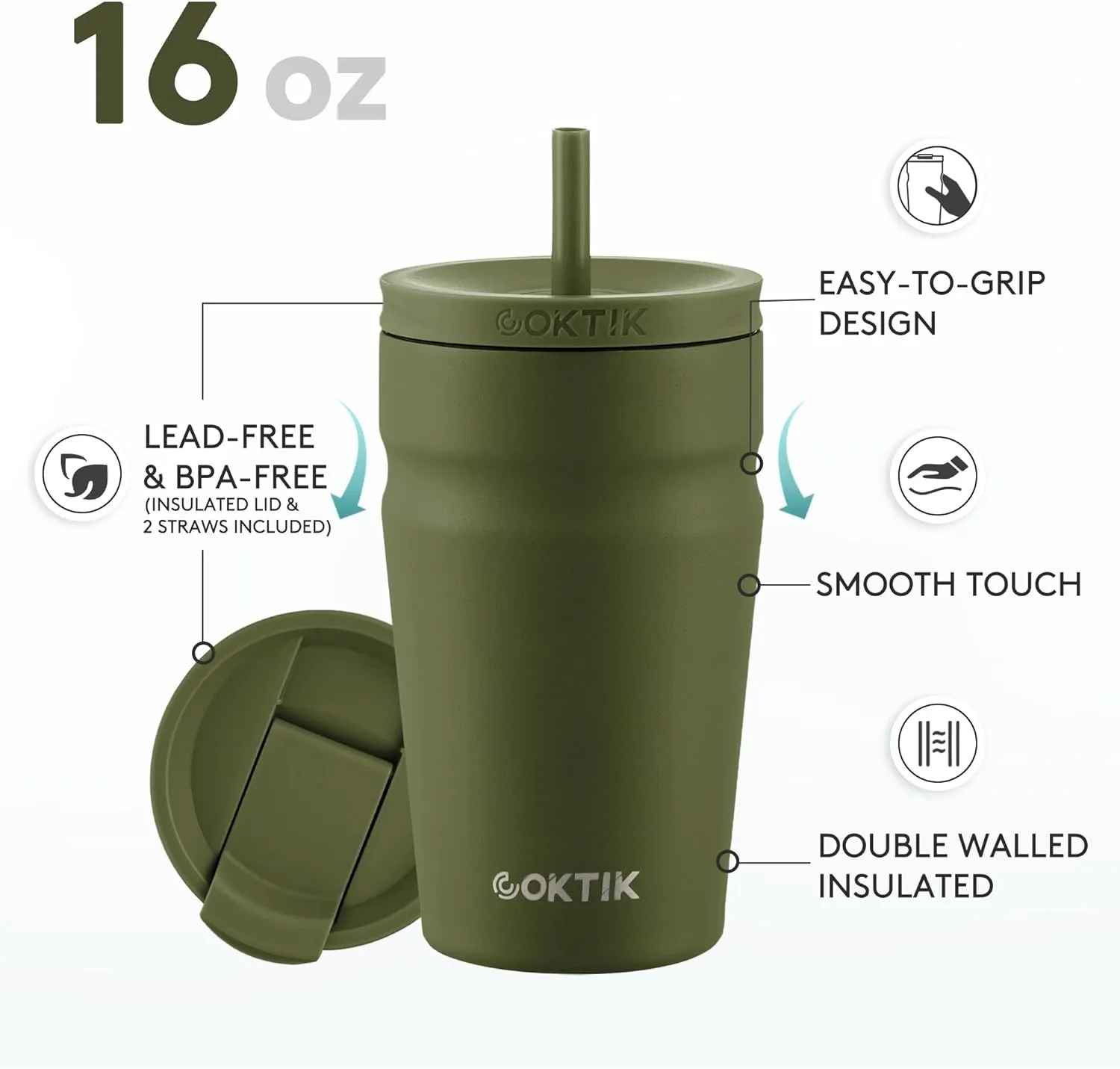 COKTIK 16oz Insulated Tumbler with Lid and Straw 2 Lids (Straw/Flip) Iced Coffee Cup Reusable Stainless Steel Travel Mug Water Bottle Cupholder Friendly for Women Men Her Him (Olive)