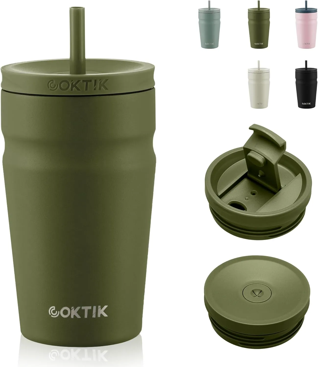 COKTIK 16oz Insulated Tumbler with Lid and Straw 2 Lids (Straw/Flip) Iced Coffee Cup Reusable Stainless Steel Travel Mug Water Bottle Cupholder Friendly for Women Men Her Him (Olive)