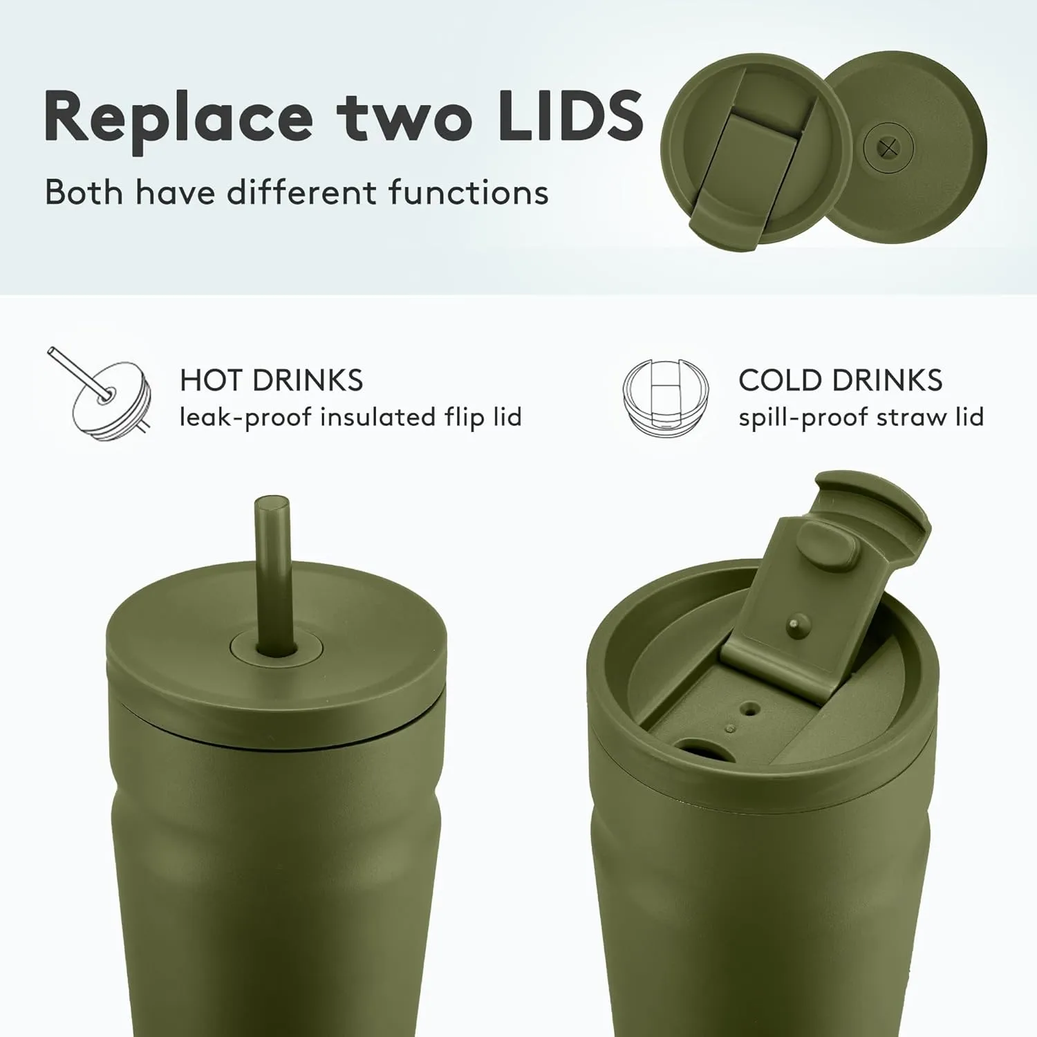 COKTIK 16oz Insulated Tumbler with Lid and Straw 2 Lids (Straw/Flip) Iced Coffee Cup Reusable Stainless Steel Travel Mug Water Bottle Cupholder Friendly for Women Men Her Him (Olive)