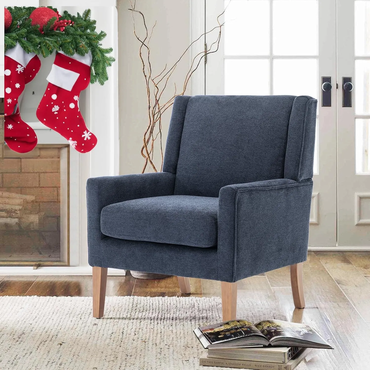 COLAMY Modern Wingback Living Room Chair, Upholstered Fabric Accent Armchair, Single Sofa Chair with Lounge Seat and Wood Legs for Bedroom/Office/Reading Spaces, Blue