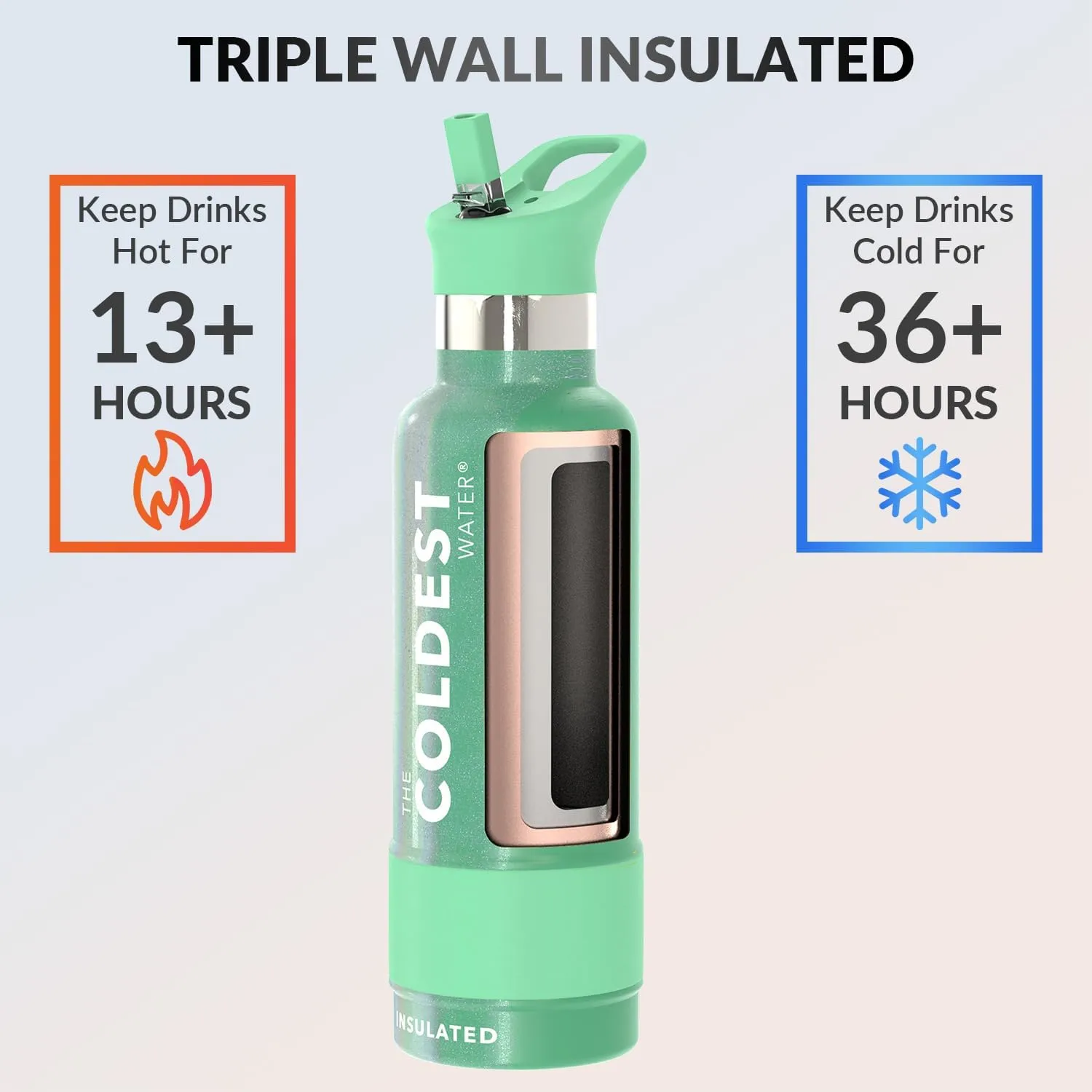 Coldest Insulated Water Bottle with Straw Lid - Stainless Steel Metal Thermos for Men & Women (Green Aurora Glitter, 21 oz)