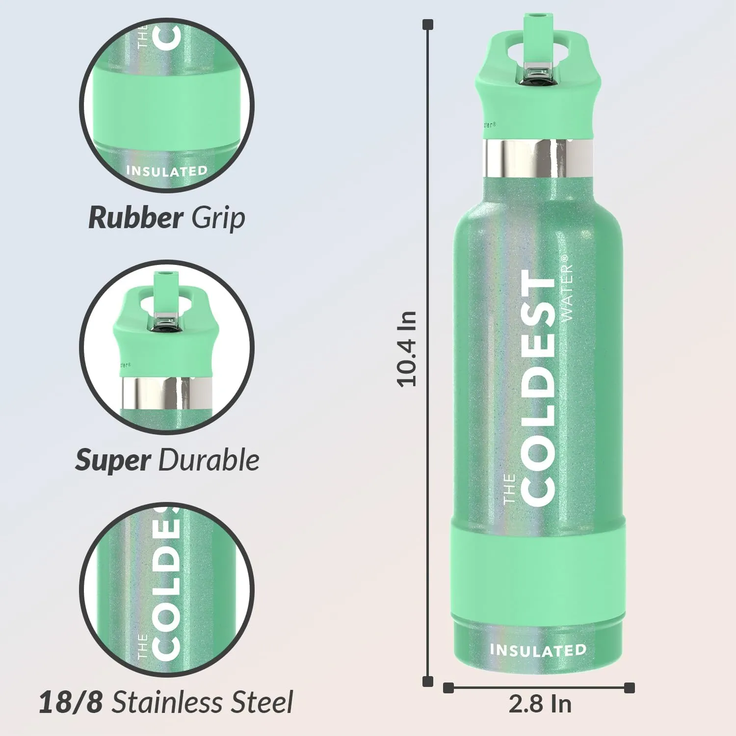 Coldest Insulated Water Bottle with Straw Lid - Stainless Steel Metal Thermos for Men & Women (Green Aurora Glitter, 21 oz)