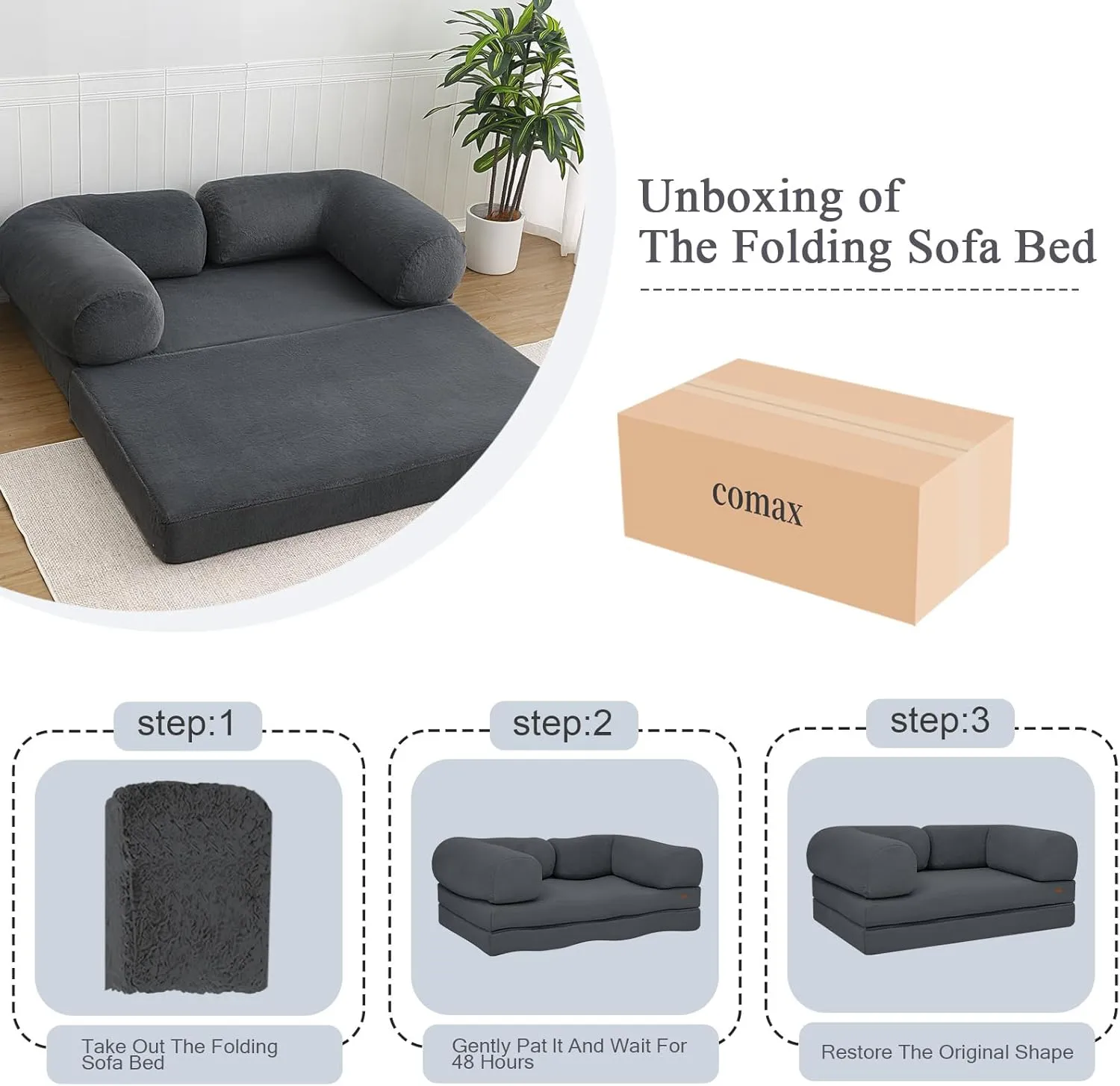 COMAX Folding Sofa Bed Queen, Foldable Couch Bed, Fold Out Futon Chair Sleeper for Adults, Convertible Floor Mattress Sofa for Bedrooom Living Room Guest Room, Faux Fur Dark Grey