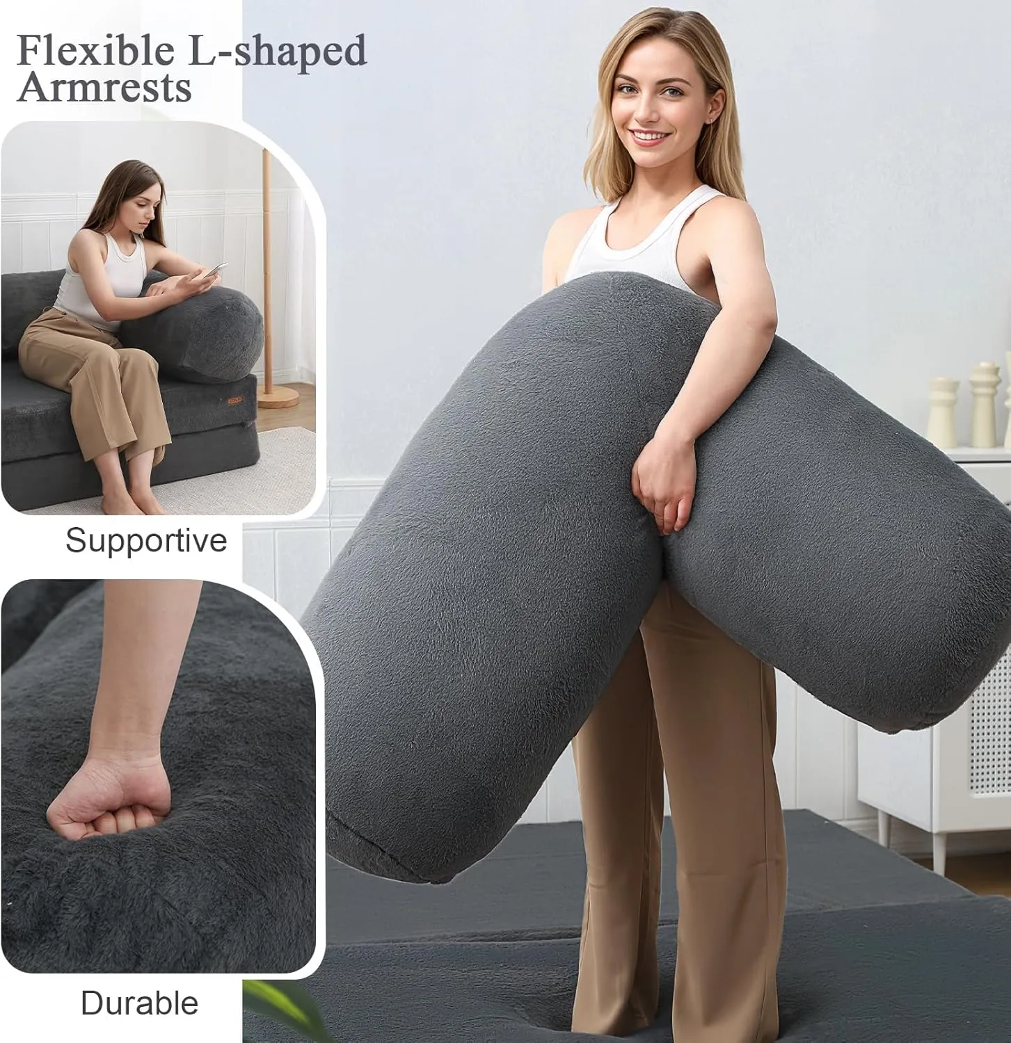 COMAX Folding Sofa Bed Queen, Foldable Couch Bed, Fold Out Futon Chair Sleeper for Adults, Convertible Floor Mattress Sofa for Bedrooom Living Room Guest Room, Faux Fur Dark Grey