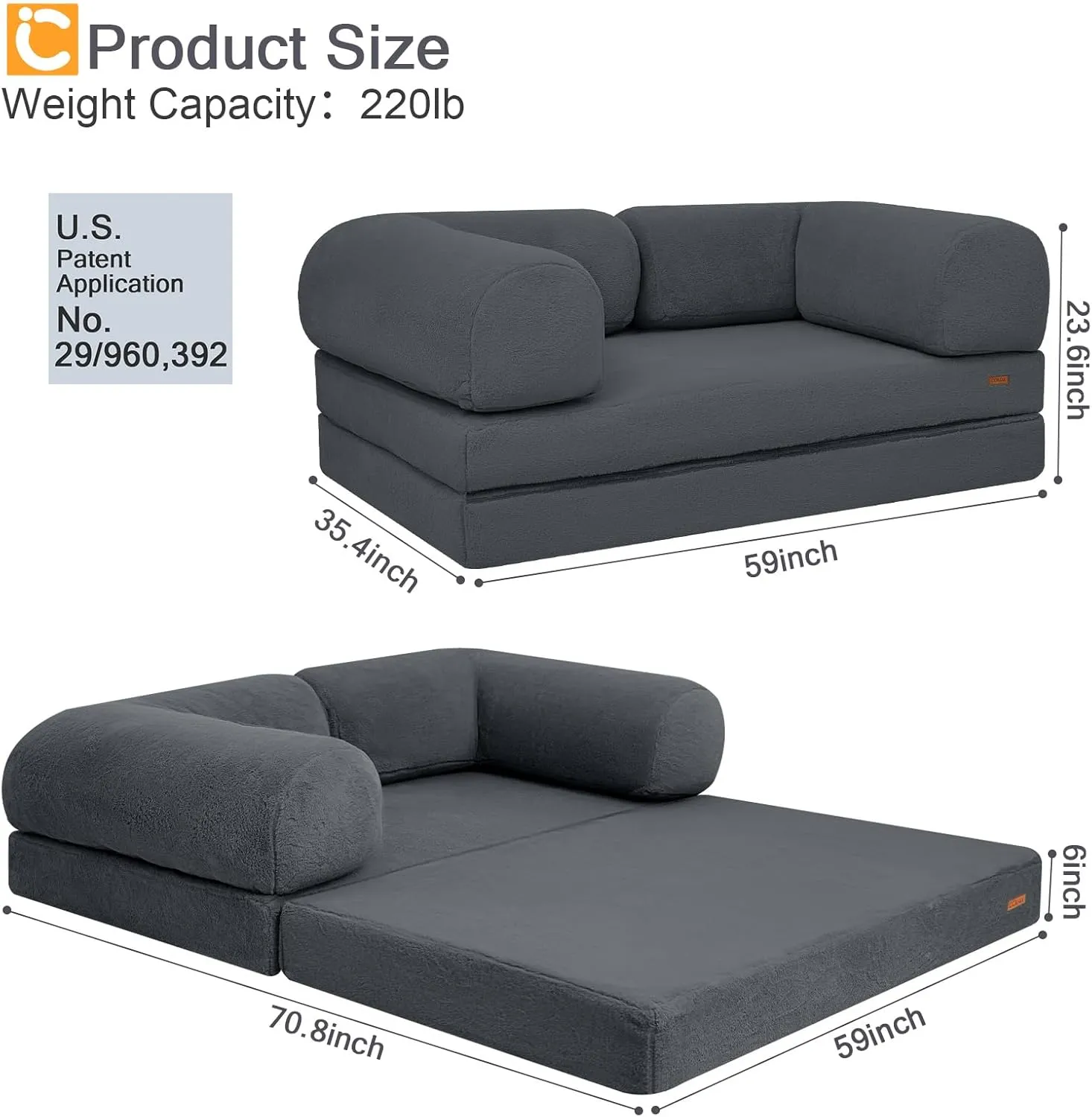 COMAX Folding Sofa Bed Queen, Foldable Couch Bed, Fold Out Futon Chair Sleeper for Adults, Convertible Floor Mattress Sofa for Bedrooom Living Room Guest Room, Faux Fur Dark Grey