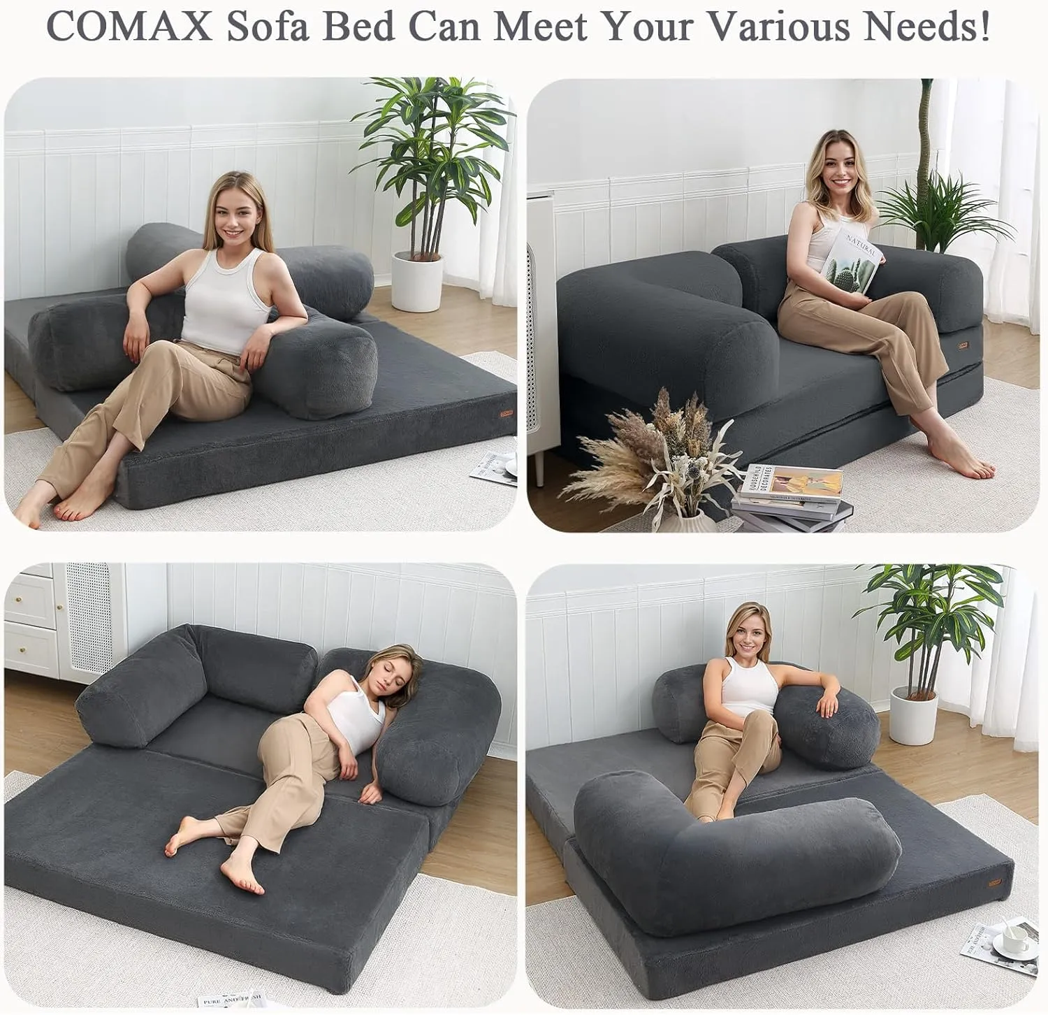 COMAX Folding Sofa Bed Queen, Foldable Couch Bed, Fold Out Futon Chair Sleeper for Adults, Convertible Floor Mattress Sofa for Bedrooom Living Room Guest Room, Faux Fur Dark Grey