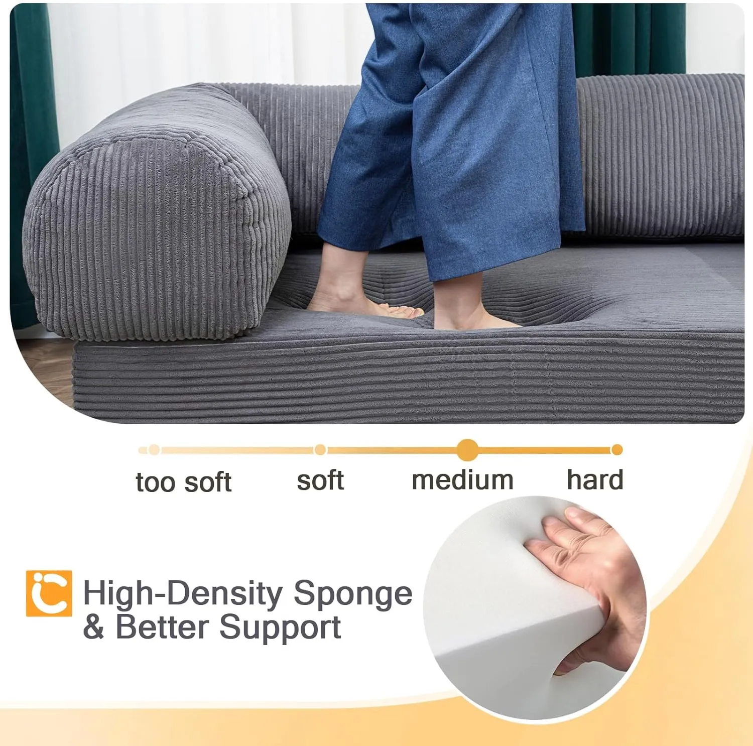 COMAX Futon Sofa Bed, 4-in-1 Floor Foldable Sofa Couch Bed Queen with L-Shaped Armrests, Convertible Folding Chair Bed Sleeper Mattress Fold Out Comfy Lounge for Living Room Bedroom, Dark Grey