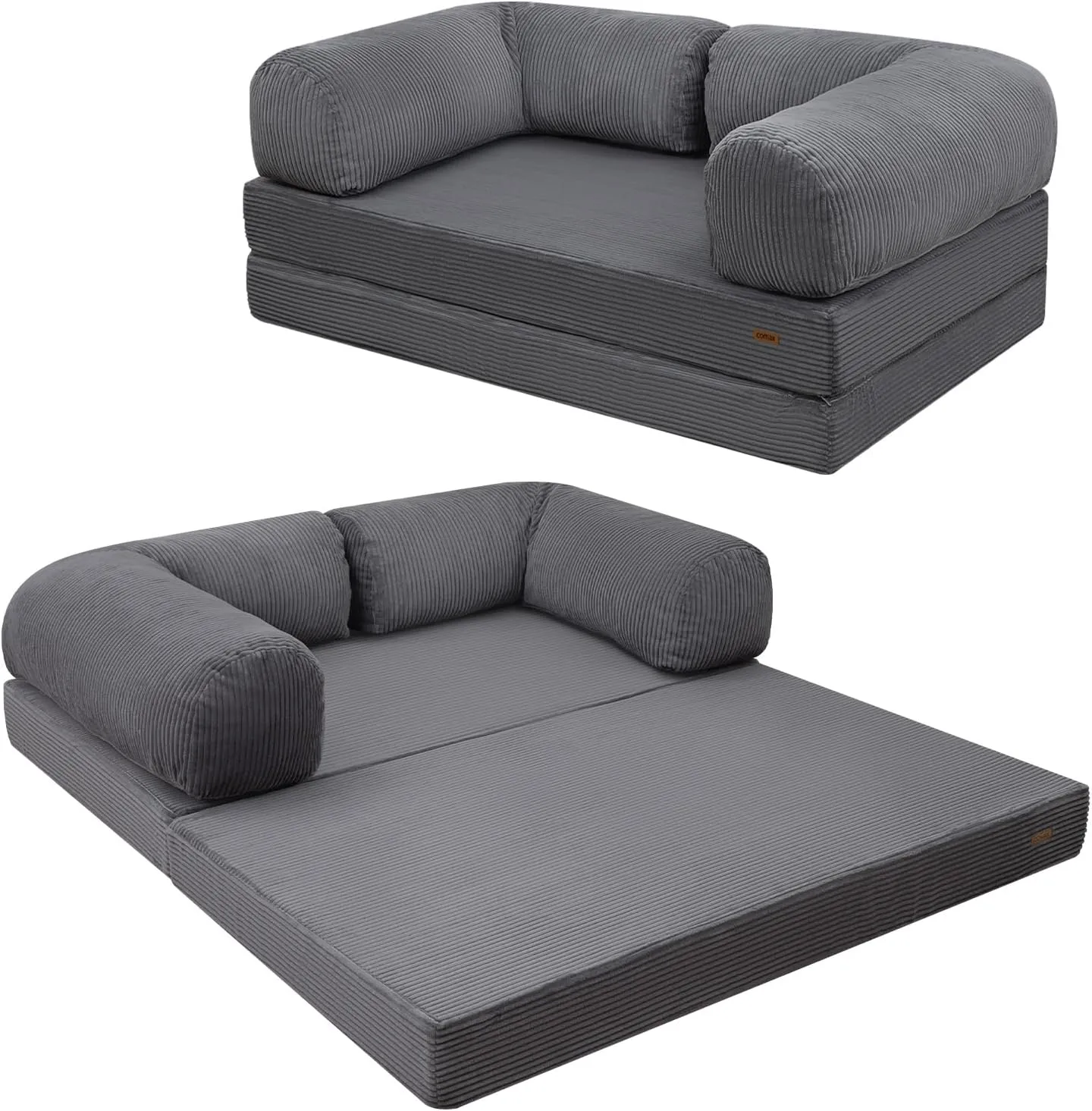 COMAX Futon Sofa Bed, 4-in-1 Floor Foldable Sofa Couch Bed Queen with L-Shaped Armrests, Convertible Folding Chair Bed Sleeper Mattress Fold Out Comfy Lounge for Living Room Bedroom, Dark Grey