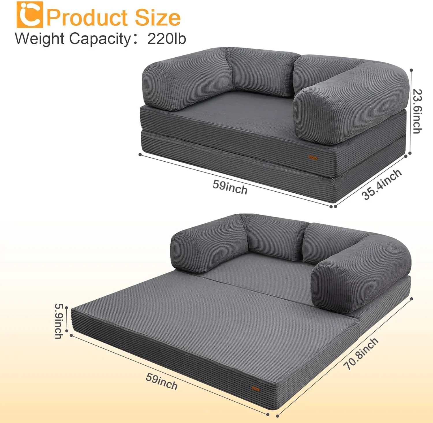 COMAX Futon Sofa Bed, 4-in-1 Floor Foldable Sofa Couch Bed Queen with L-Shaped Armrests, Convertible Folding Chair Bed Sleeper Mattress Fold Out Comfy Lounge for Living Room Bedroom, Dark Grey