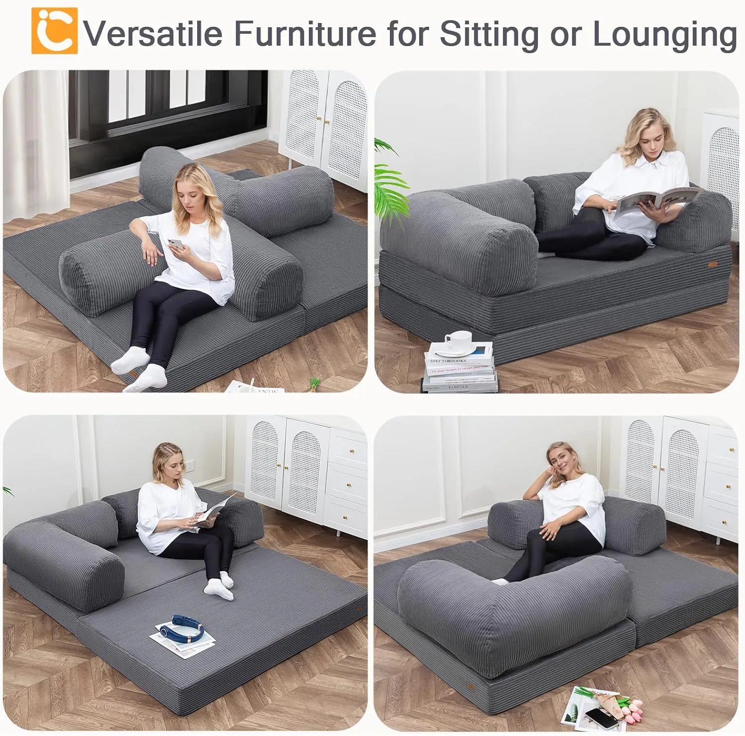 COMAX Futon Sofa Bed, 4-in-1 Floor Foldable Sofa Couch Bed Queen with L-Shaped Armrests, Convertible Folding Chair Bed Sleeper Mattress Fold Out Comfy Lounge for Living Room Bedroom, Dark Grey