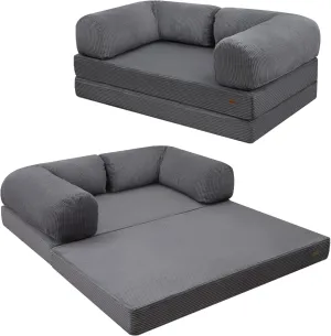 COMAX Futon Sofa Bed, 4-in-1 Floor Foldable Sofa Couch Bed Queen with L-Shaped Armrests, Convertible Folding Chair Bed Sleeper Mattress Fold Out Comfy Lounge for Living Room Bedroom, Dark Grey
