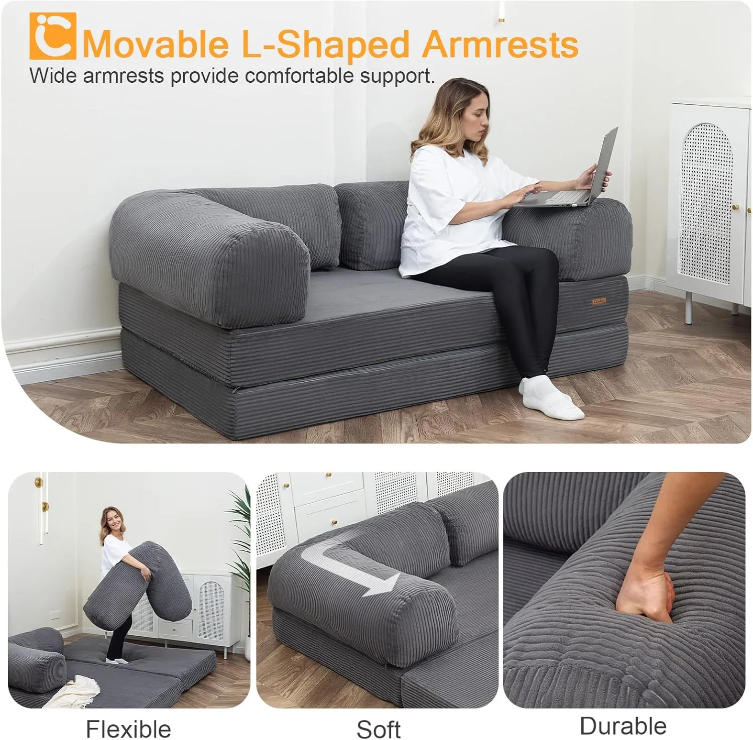 COMAX Futon Sofa Bed, 4-in-1 Floor Foldable Sofa Couch Bed Queen with L-Shaped Armrests, Convertible Folding Chair Bed Sleeper Mattress Fold Out Comfy Lounge for Living Room Bedroom, Dark Grey