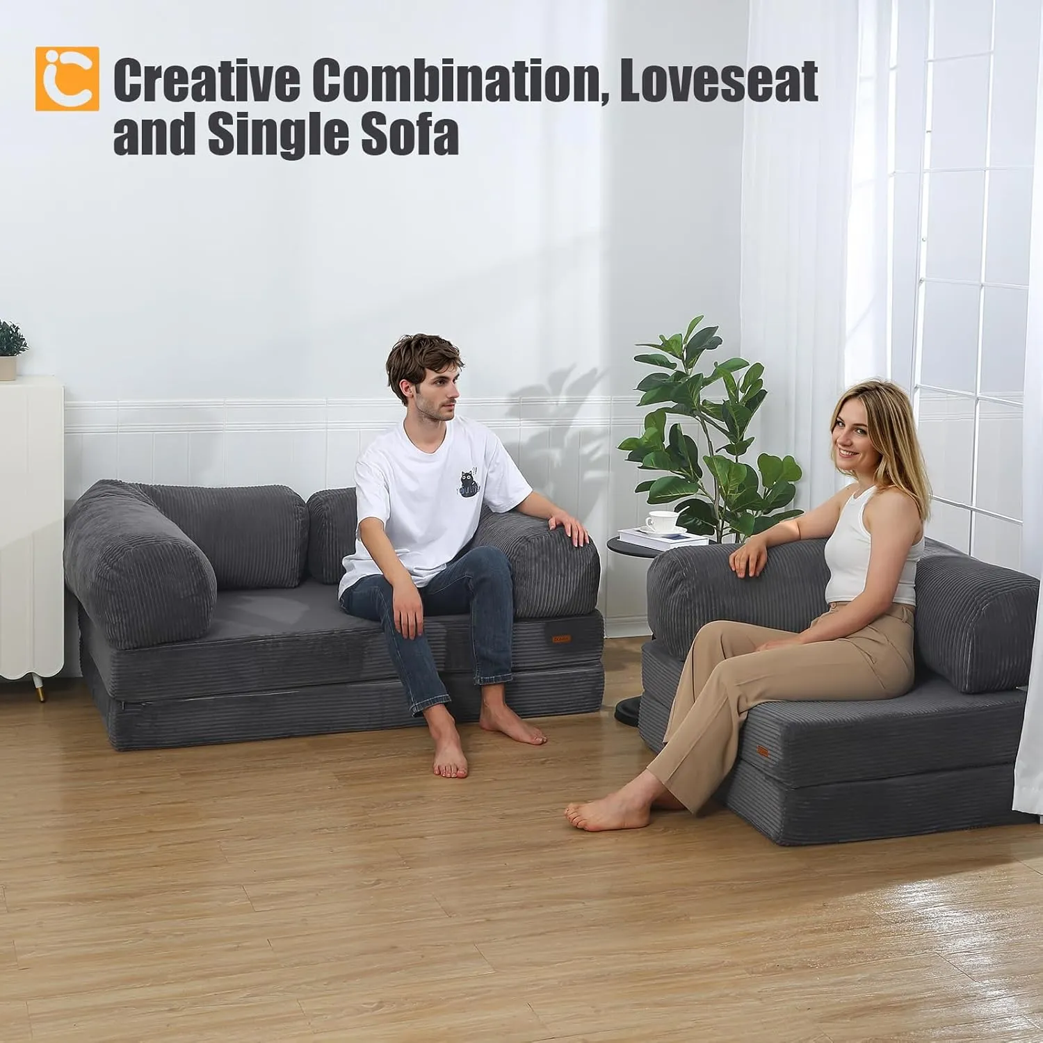 COMAX Futon Sofa Bed, 4-in-1 Floor Foldable Sofa Couch Bed Queen with L-Shaped Armrests, Convertible Folding Chair Bed Sleeper Mattress Fold Out Comfy Lounge for Living Room Bedroom, Dark Grey